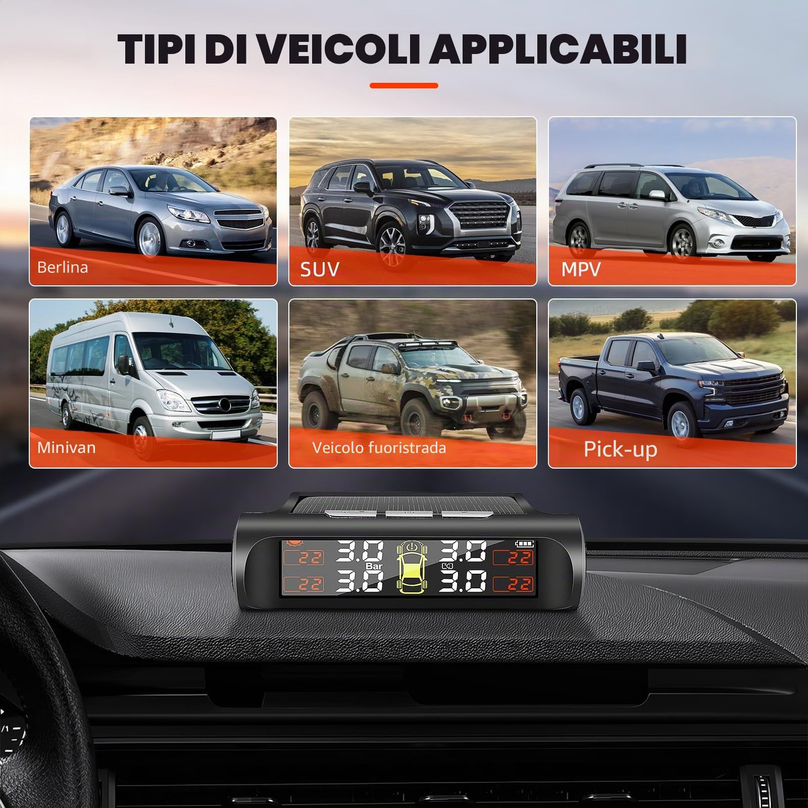 Geloo TPMS Sistema di Controllo Universale della Pressione degli Pneumatici con 4 Sensori Esterni Wireless Sistema di Monitoraggio con 5 modalità Allarme, Campo di Pressione 0-5bar
