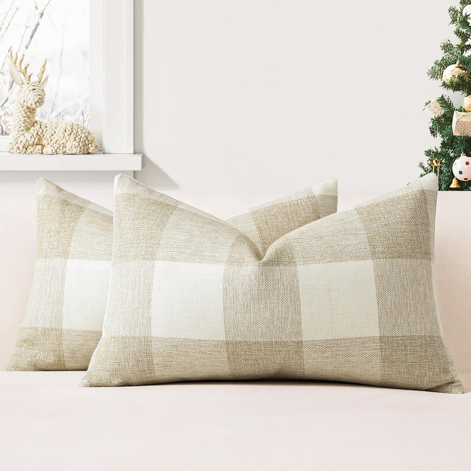 OTOSTAR Set of 2 Classic Buffalo Check Plaid Throw Pillow Covers 16x24 Inch Soft Solid Decorative Pillow Covers Cushion Case Couch Pillowcases for Home Farmhouse Sofa Bed Decor (Cream White) Plaid Cream White 24" x 16" (Pack of 2)