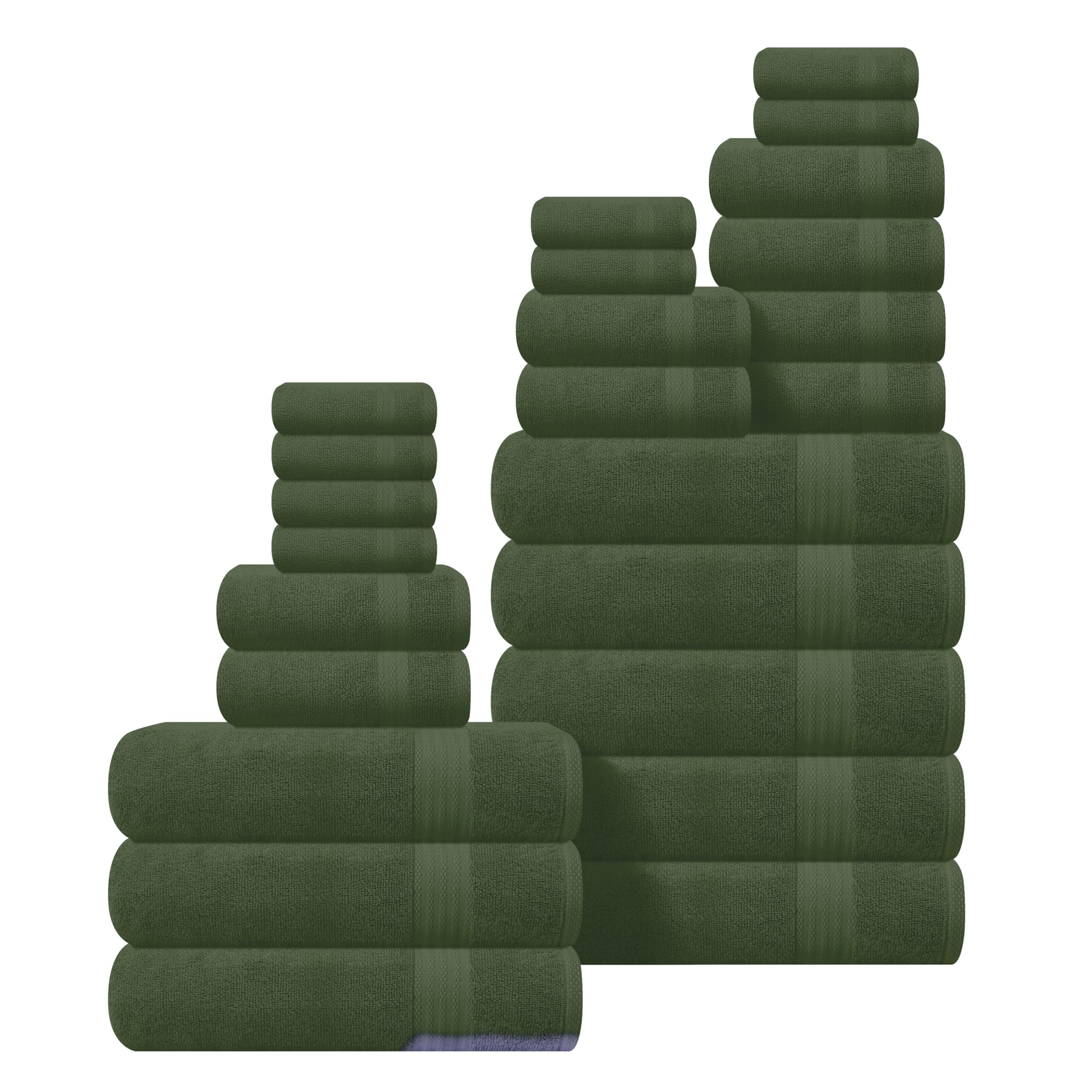 GLAMBURG Ultra Soft 24-Piece Towel Set - 100% Pure Ringspun Cotton, Contains 8 Oversized Bath Towels 27x54, 8 Hand Towels 16x28, 8 Wash Cloths 13x13 - Ideal for Everyday use, Hotel &amp; Spa - Olive Green