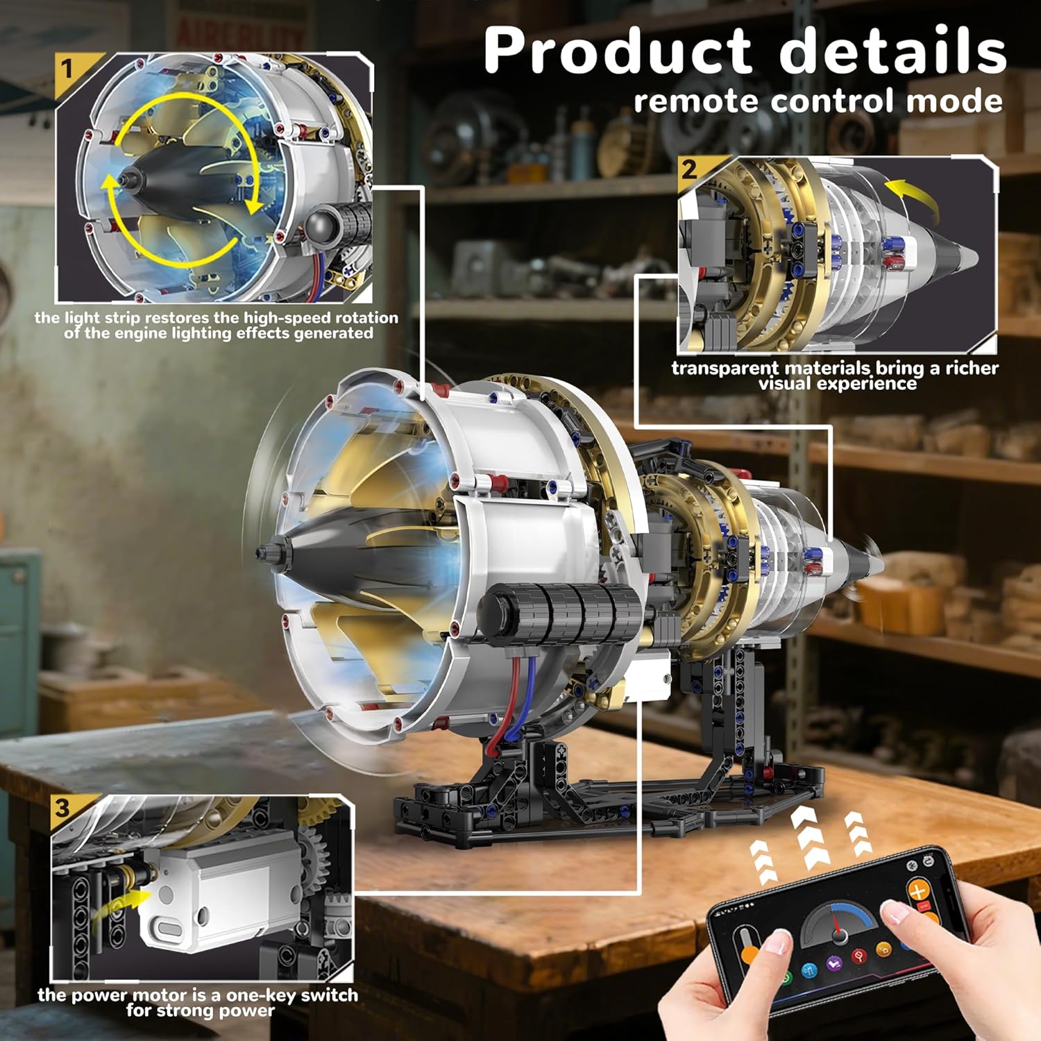 BrixVibe Aircraft Engine Building Set That Works, Mini Turbojet Model Kit Technic with APP Control Light & Motor, Collectible Mechanical Engineering for Boys 14+ Adults