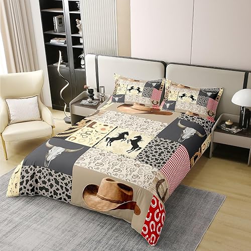 Miniatura 9 de Juego de funda de edredón de vaquero occidental, 100% algodón, para niños y niñas, con estampado de calavera de toro, caballo y calavera, juego de