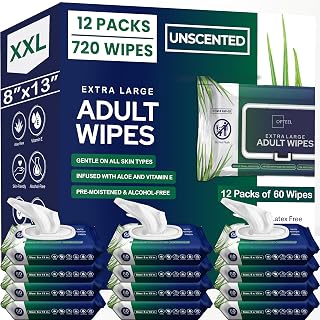 OPTEEL Extra Large 8x13 Adult Wipes for Elderly & Incontinence - Soft Vitamin E Aloe Wet Washcloths for Bathing, 720ct (12 Packs of 60)