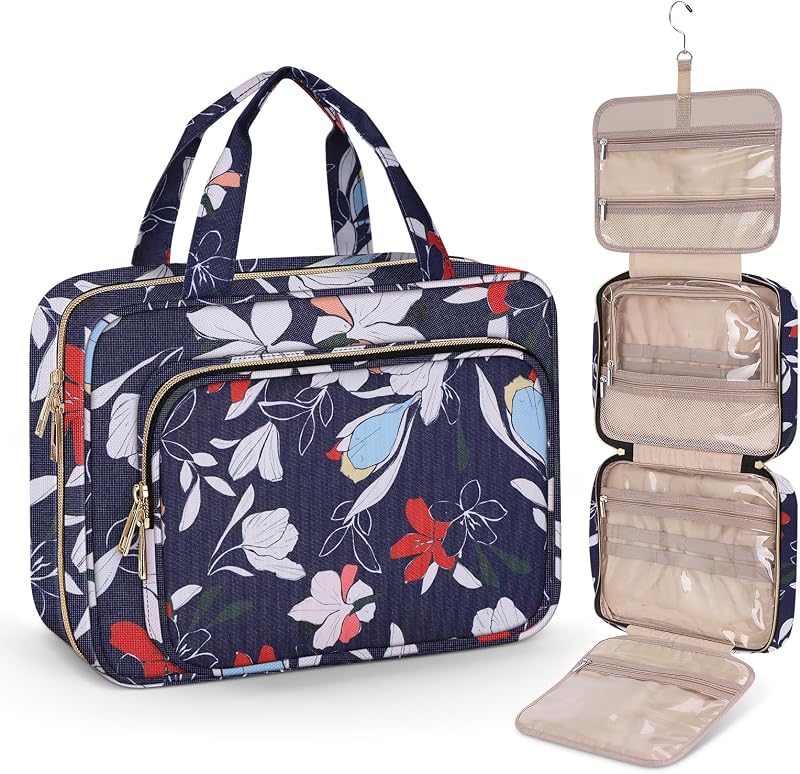 Necessaire de viagem Wedama com gancho, estampa floral azul e branca, 1 unidade