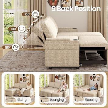 Corner Sofa Bed, L-Shaped Sleeper Sectional Couch Bed, 3-in-1 Linen Convertible Pull Out Sofa Bed with Adjustable Backrest, Storage, USB and Cup Holder for Living Room, Beige