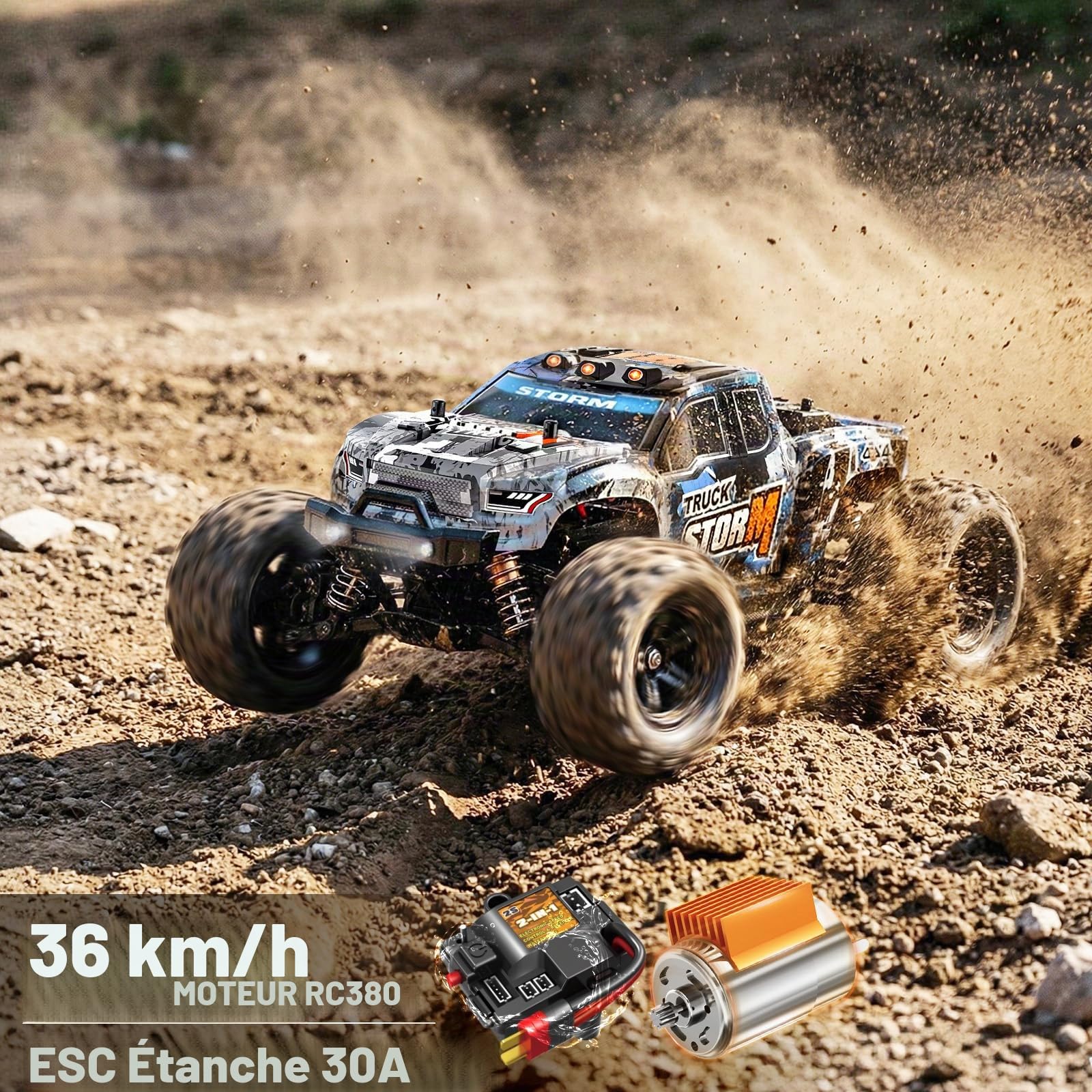 Voiture télécommandée Adulte & dès 8 Ans Tout Terrain 4x4 1:18 – Monster Truck RC 36 km/h, Voiture radiocommandée extérieur/Plein air, Transmission métal & cardans CVD, Splash-Proof, 2 Batteries