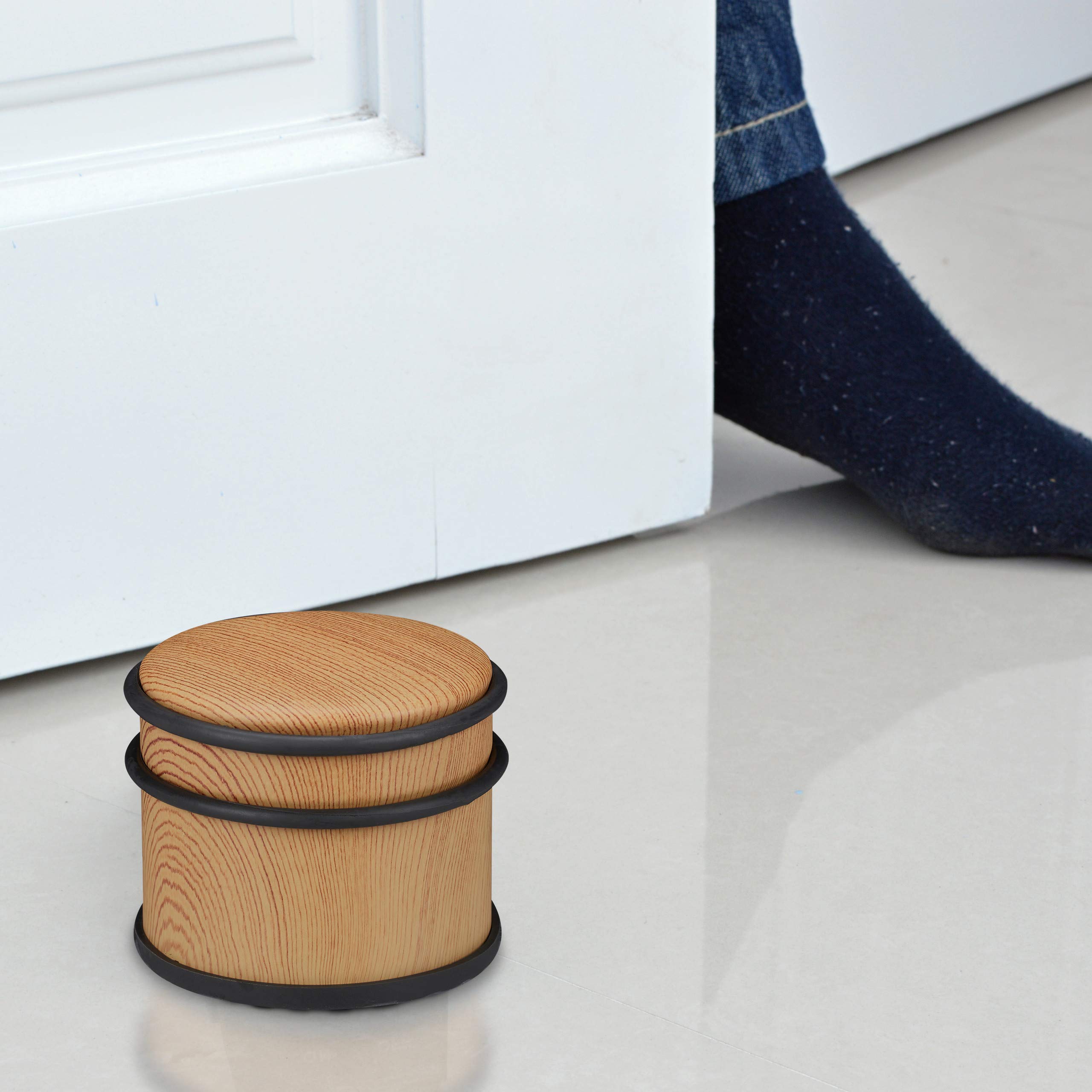 Relaxdays stoper do drzwi, blokada drzwiowa o wyglądzie drewna, gumowe zabezpieczenia, do drzwi, ∅ 9,5 cm, brązowy