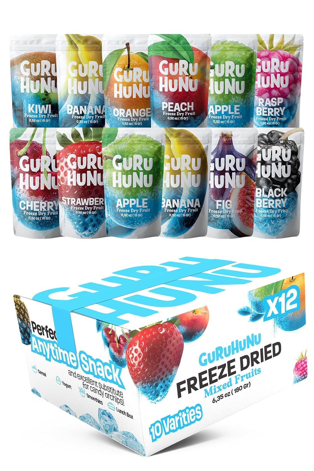 GURU HUNU Freeze Dried Fruit Mix, 12 Individual Packs – 10 Variety Mediterranean Fruit Snacks, No Sugar Added, Non-GMO, Gluten Free – Healthy Snacks for Adults & Kids, Camping, Gift