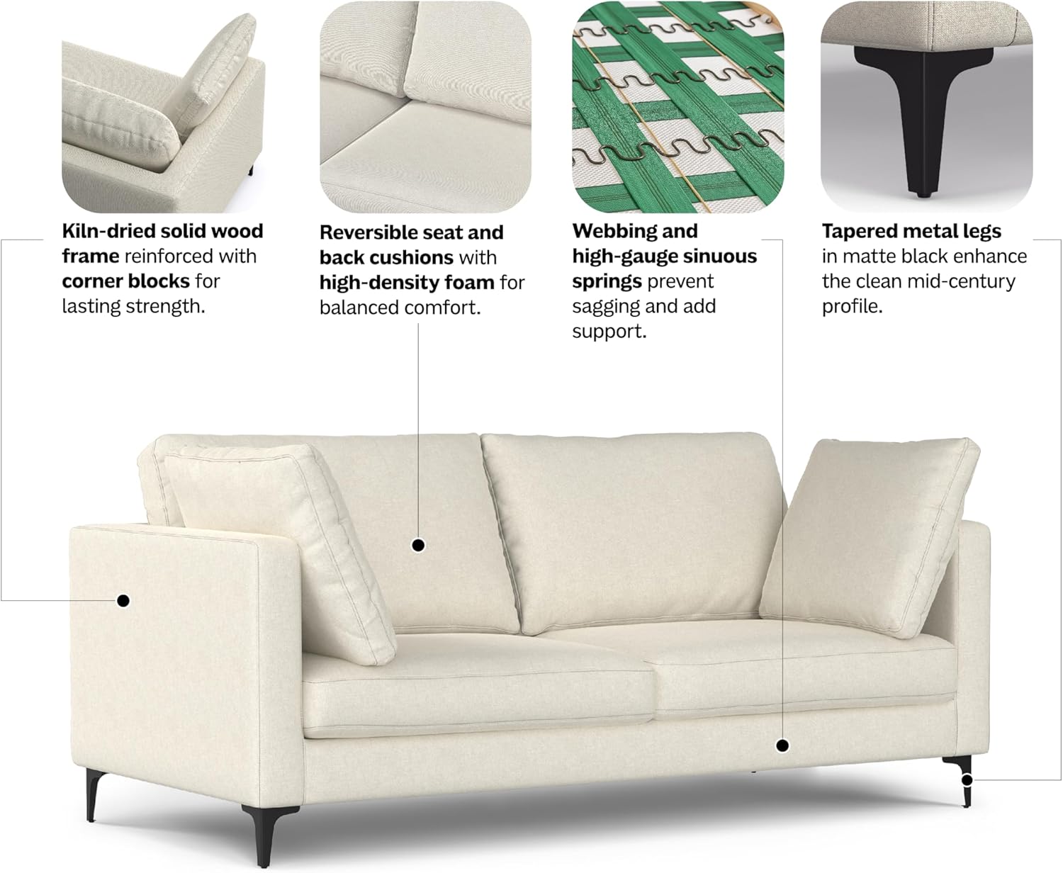 SIMPLIHOME Ava Sofa in 100% Recycled Polyester Tightly Woven Performance Fabric, Cream, 76-inches Wide, Handcrafted Mid-Century Modern Style Loveseat Sofa for Living Room or Couch for Small Spaces