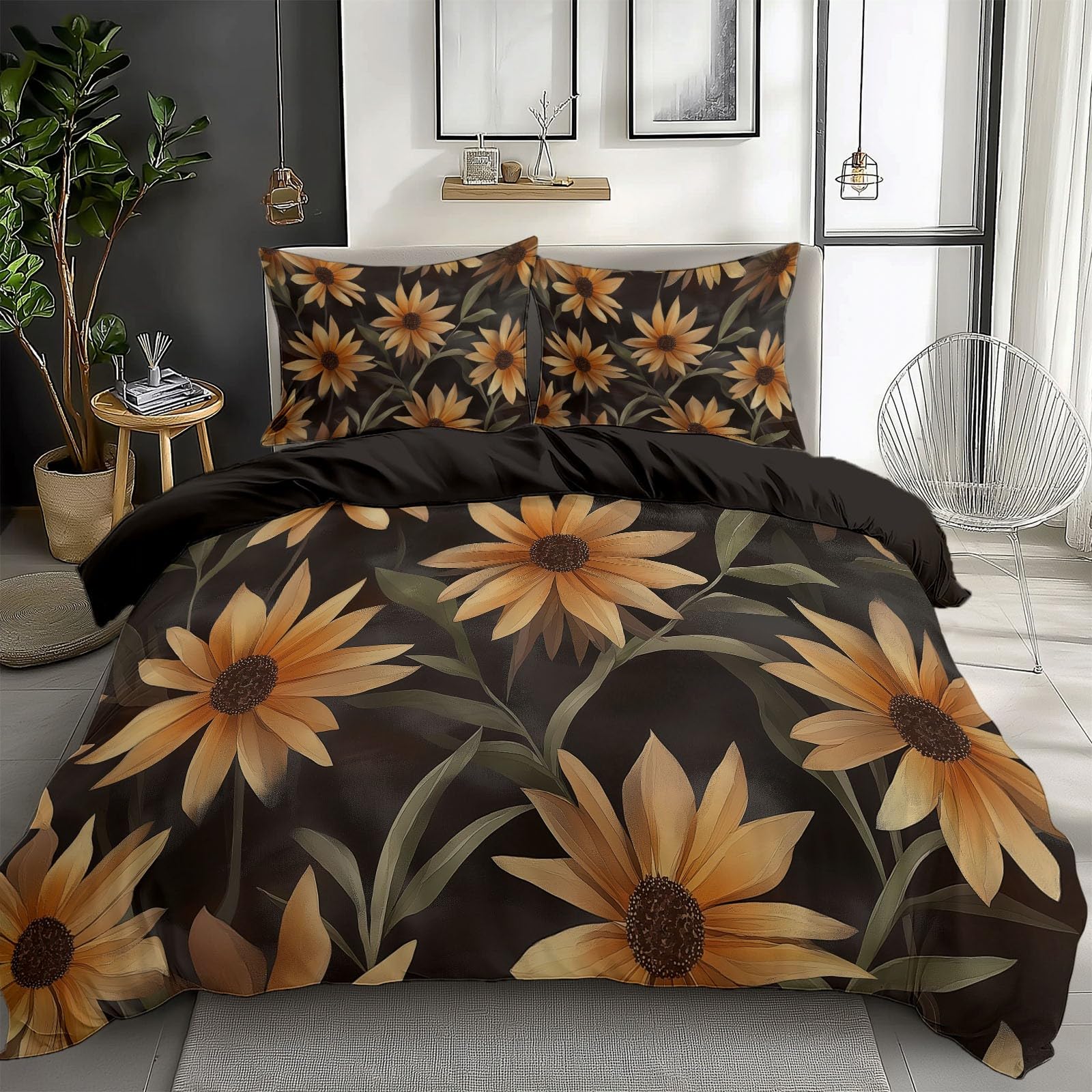 Parure de lit 220x240 cm vert foncé avec housse de couette en polycoton jaune
