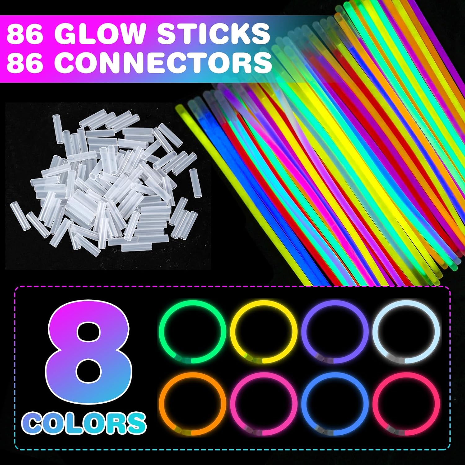 YixangDD 86 PCS Ultra Bright Glow Sticks, 8 Inch Glow Sticks Bulk Party Pack, Light Up Sticks for Glow Bracelets, Necklaces, Concerts, Christmas, Party Supplies with 86 Connectors - Image 2
