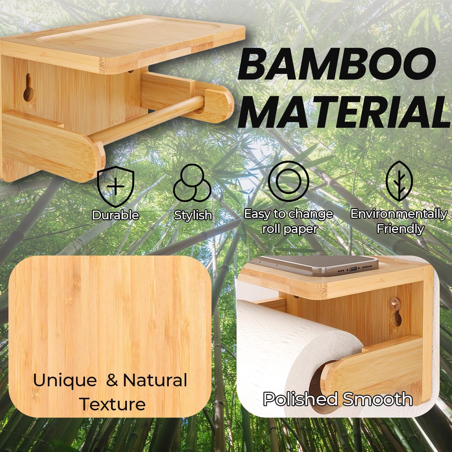 Naturalny bambusowy uchwyt na papier toaletowy z półką, montowany na ścianie, ekologiczny, drewniany schowek na chusteczki do łazienki, kuchni i szatni, stylowy i designerski