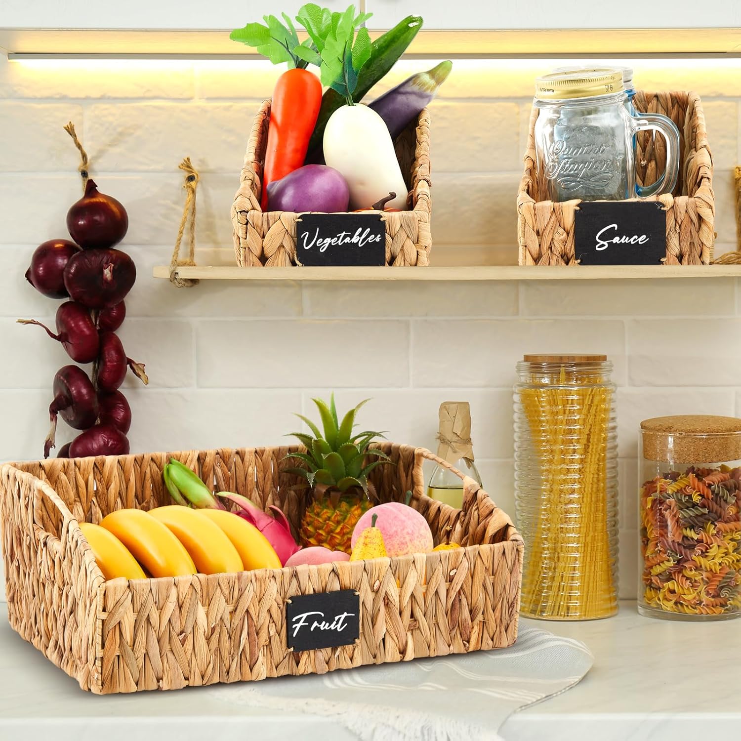 4 Pcs Natural Water Hyacinth Storage Baskets Set Stackable Handwoven Wicker Storage Bins with Chalkboard Label Built-in Handles Woven Container Basket Kitchen Storage Baskets for Shelves