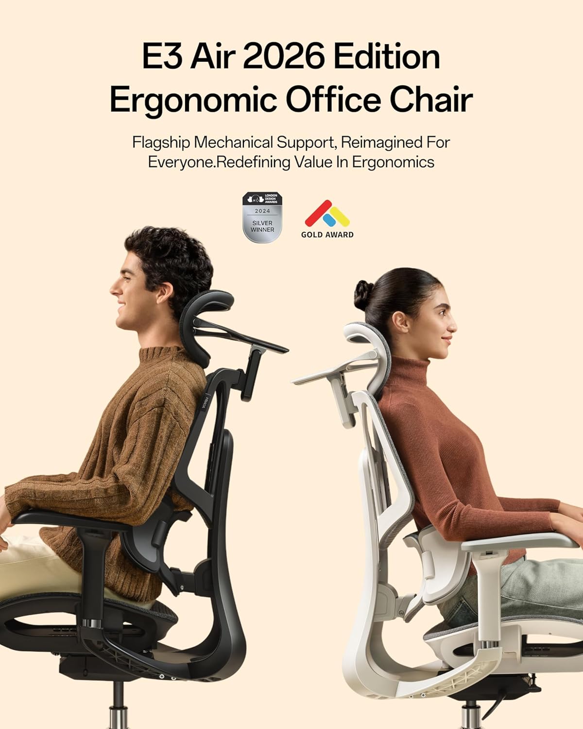Hbada E3 Air 2026 Ergonomic Office Chair, 3-Zone Lumbar Support, Comfy Home Office Chair with Auto Recline, 4D Headrest & Armrests, 140° Tilt for Work & Relax, Grey thumbnail