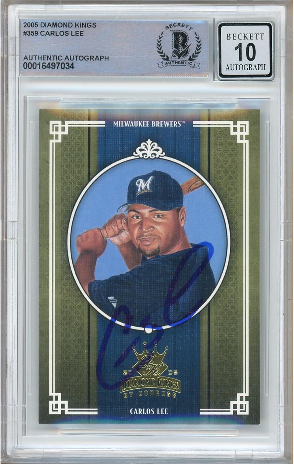 Carlos Lee Signed 2005 Donruss Diamond Kings #359 Baseball Trading Card Beckett BGS Auto 10 Graded BAS Authentic Slabbed COA Played For Milwaukee Brewers Collectibles Memorabilia