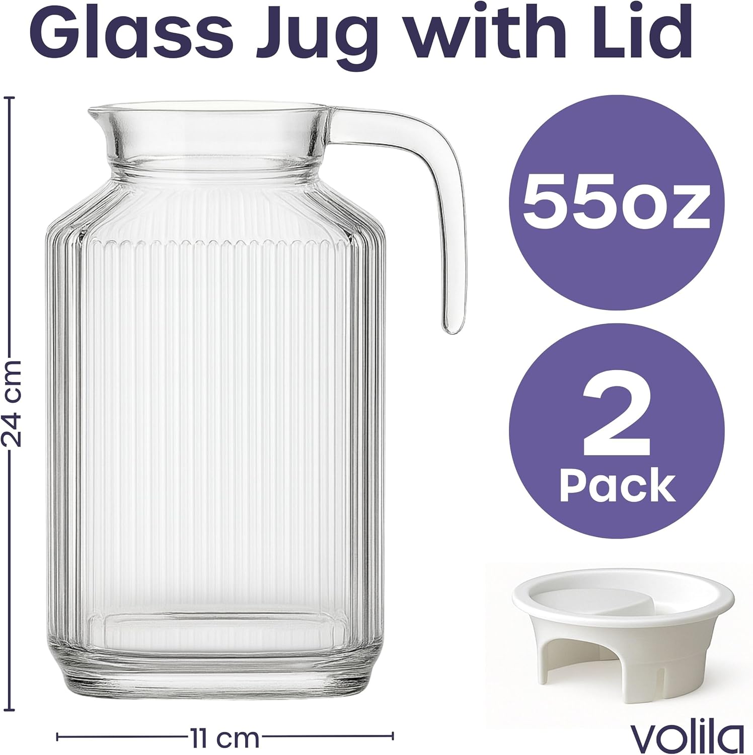 Glass Pitcher - (2 Pack) 1.7 Liter / 55 oz Clear Glass Pitchers with Handle and Lid - with Ribbed Design and Vented Spout - for Fridge Shelf and Everyday Use - Image 2