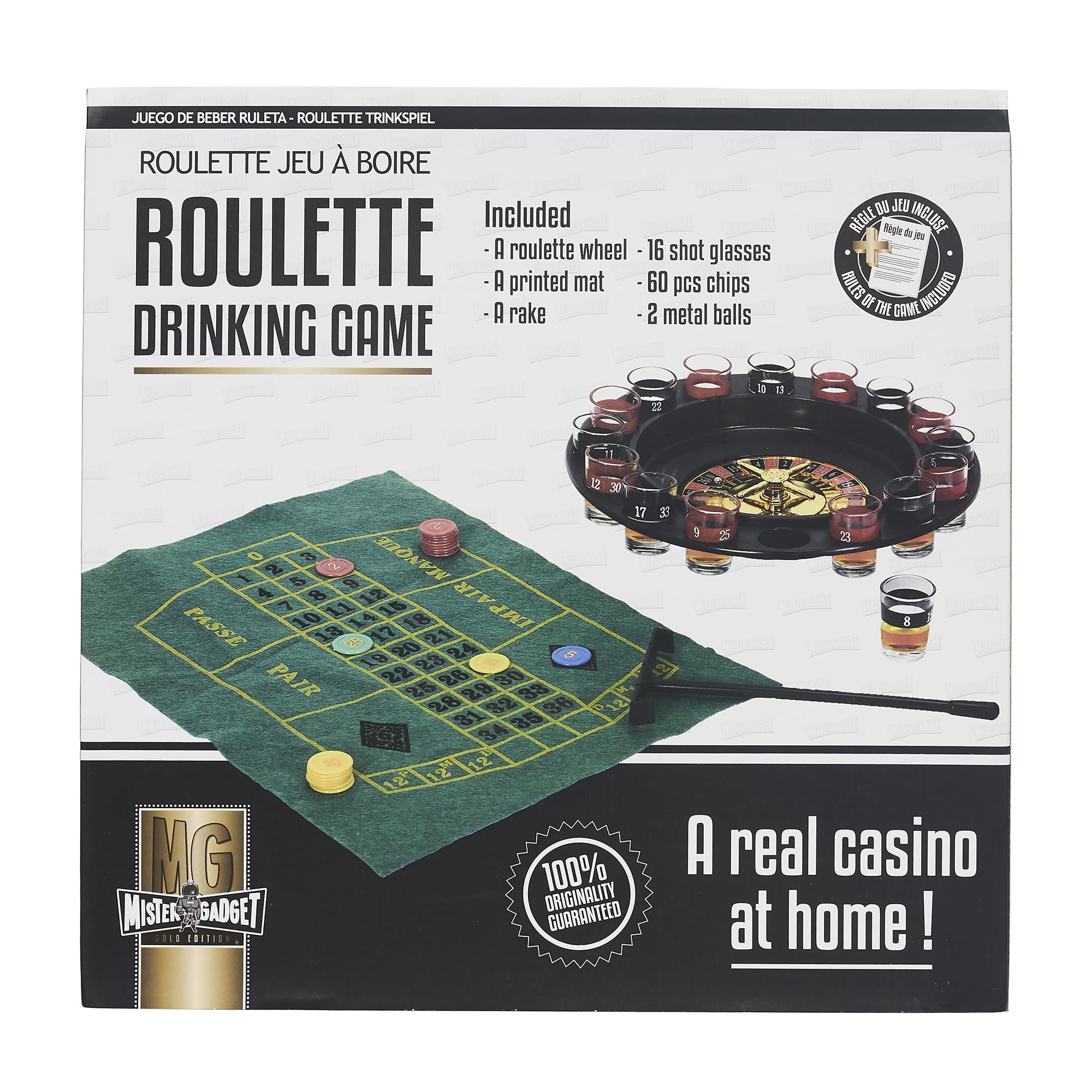 MISTER GADGET - MG3374 Jeu à Boire Roulette - Ensemble Casino avec 16 Verres à Shots, Tapis de Jeu, 60 Jetons, 2 Billes - 30.5 x 6.5 x 30.5 cm - Noir, Rouge, Vert, Blanc