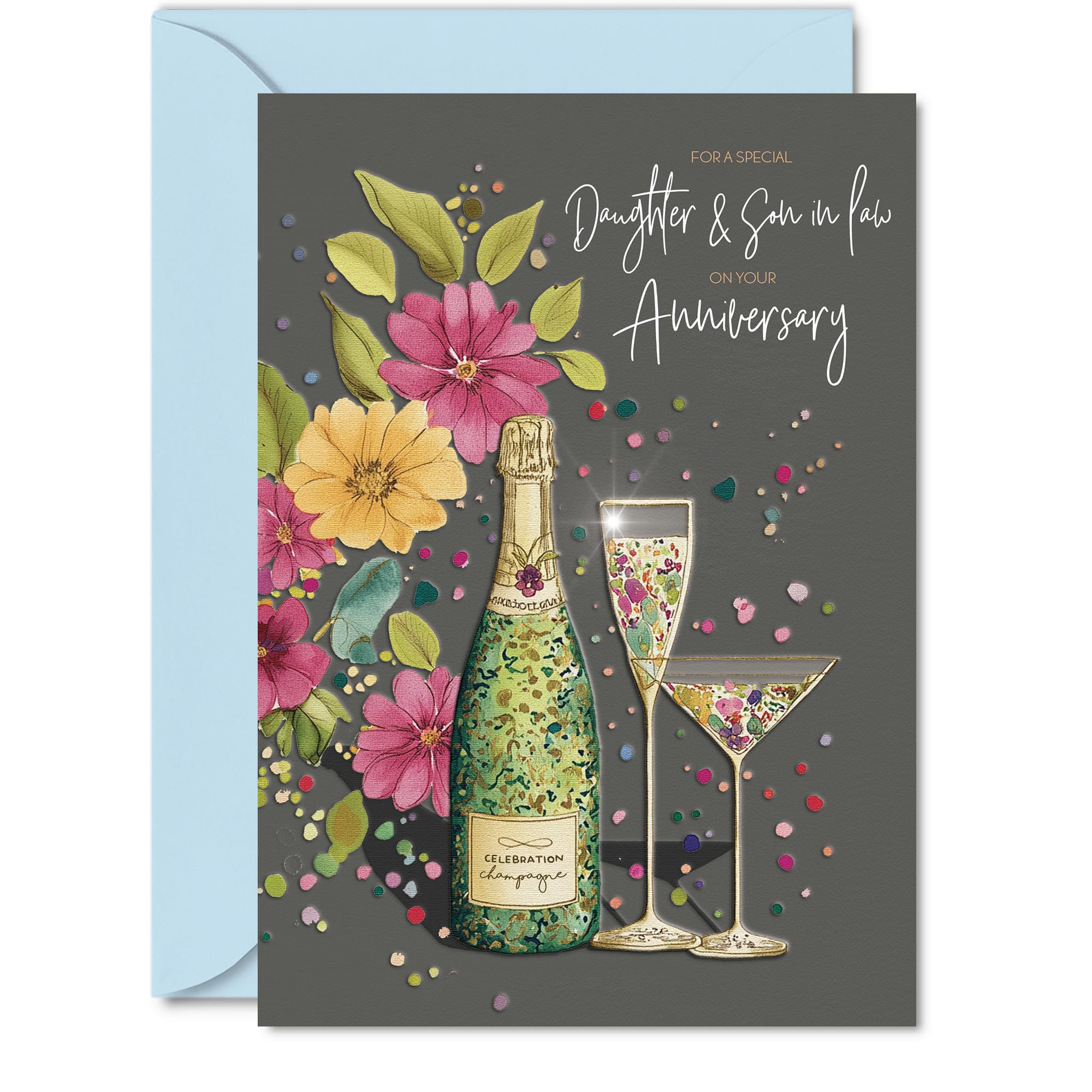 Sentimental Anniversary Card for Daughter & Son in Law - Raise a Glass to Love - Vibrant Floral and Champagne Design - 5X7 Inch, Envelope Included