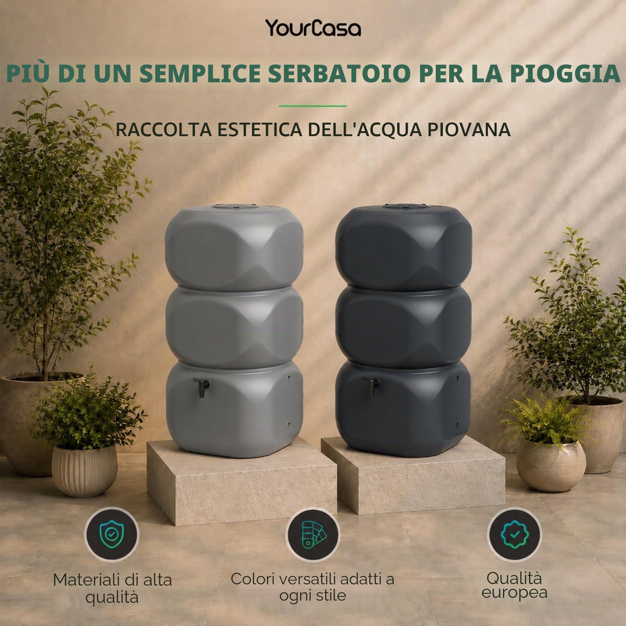 YourCasa Acqua piovana da 320 litri [Aquablock] con attacco per tubo di scarico e rubinetto e coperchio, a forma quadrata, per acqua piovana, per giardino (grigio)