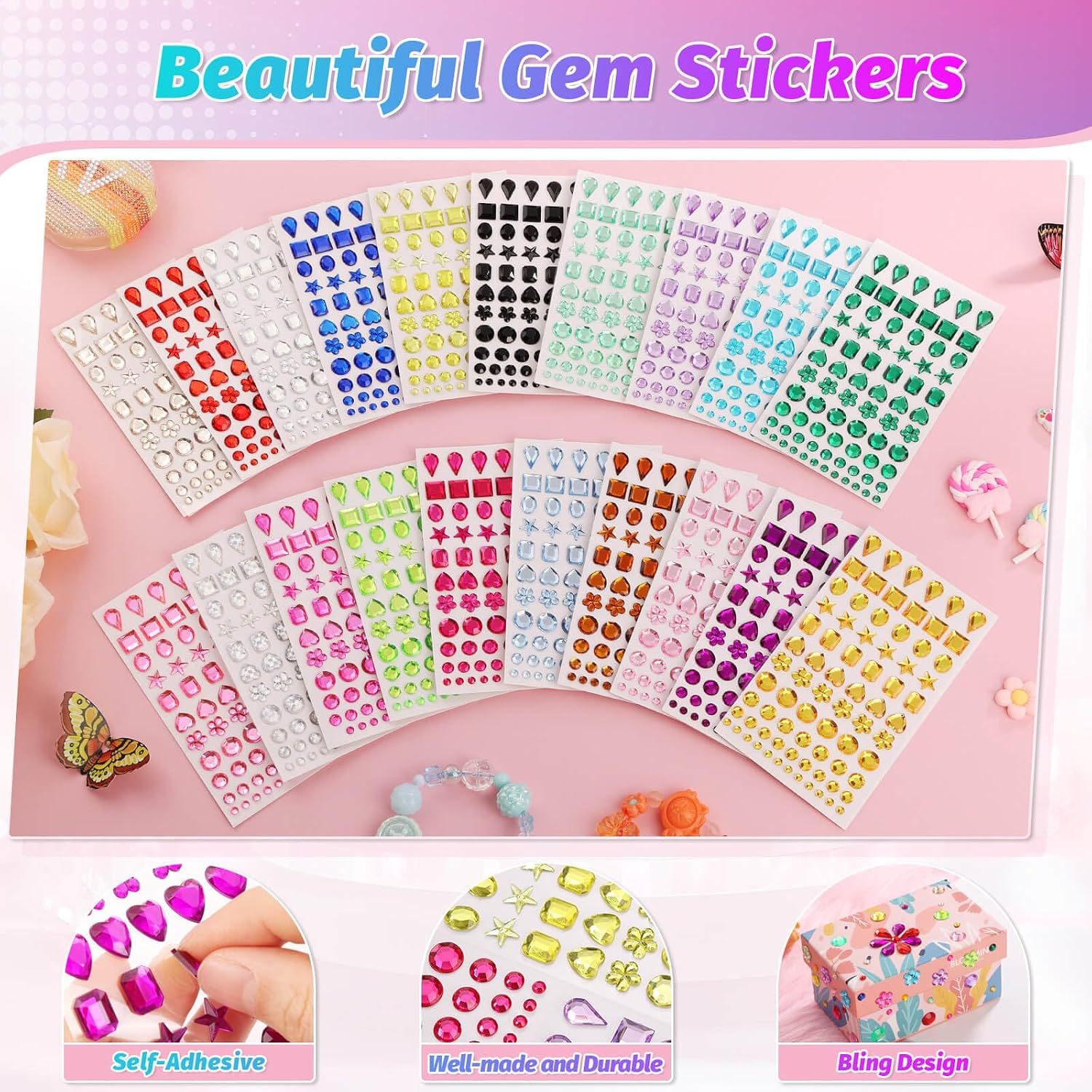 cridoz 1520 Pcs Self Adhesive Gem Stickers for Crafts, 20 Colors, 8 Shapes Stick on Jewels, Rhinestones for Bedazzling Decorations