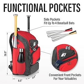 Tonesport Baseball Bag - Backpack for Baseball, Softball, Tball - Adults & Youth Bat Bag - Dark Red
