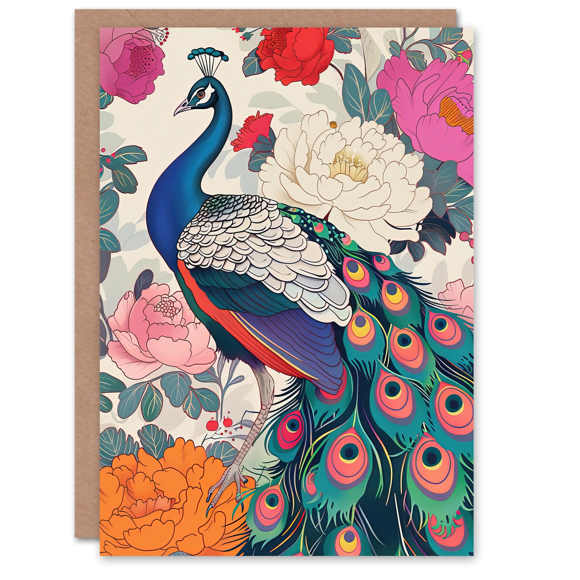 Artery8 - Greeting Card - Peacock Bird with Peony Flower Pattern - Birthday - Pink