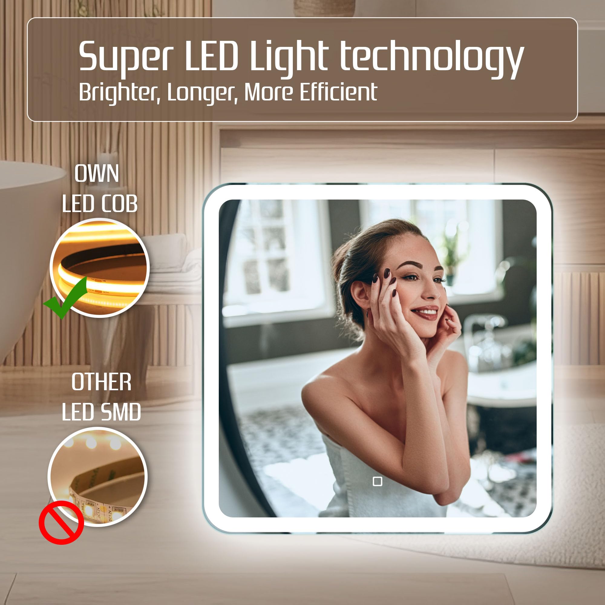 Venti Specchio Bagno Bagno Quadrato 60x60cm Luce LED, Specchio Bagno Retroilluminato, con Interruttore Touch, Angoli arrotondati con luce LED Frontale Bianca Naturale
