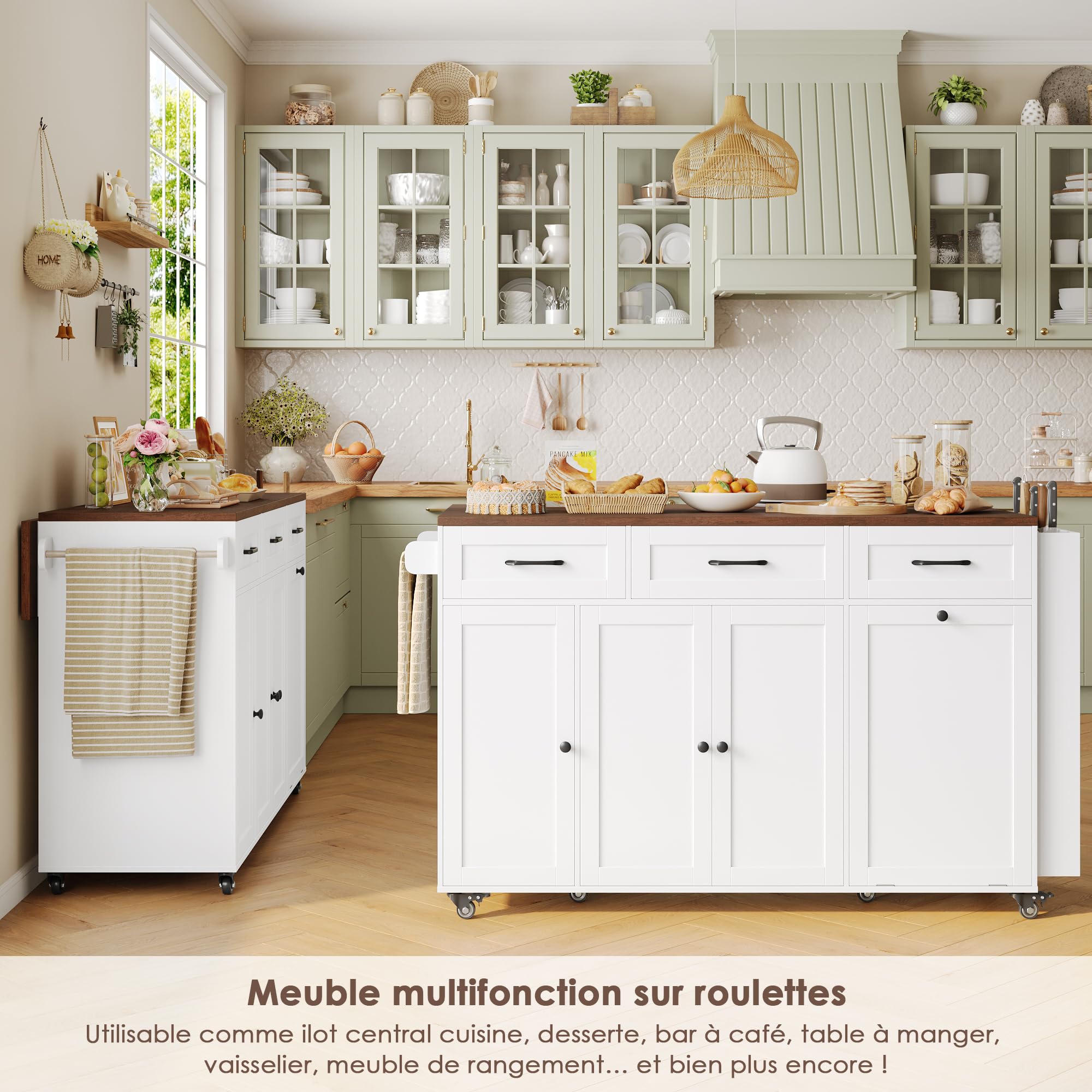 FirFurd Ilot Central Cuisine avec Rangement et Prise/USB, Meuble Cuisine avec Plan de Travail Pliable, Desserte îlot de Cuisine sur roulettes, Salles à Manger, sans Poubelle, 135x60x88cm Blanc