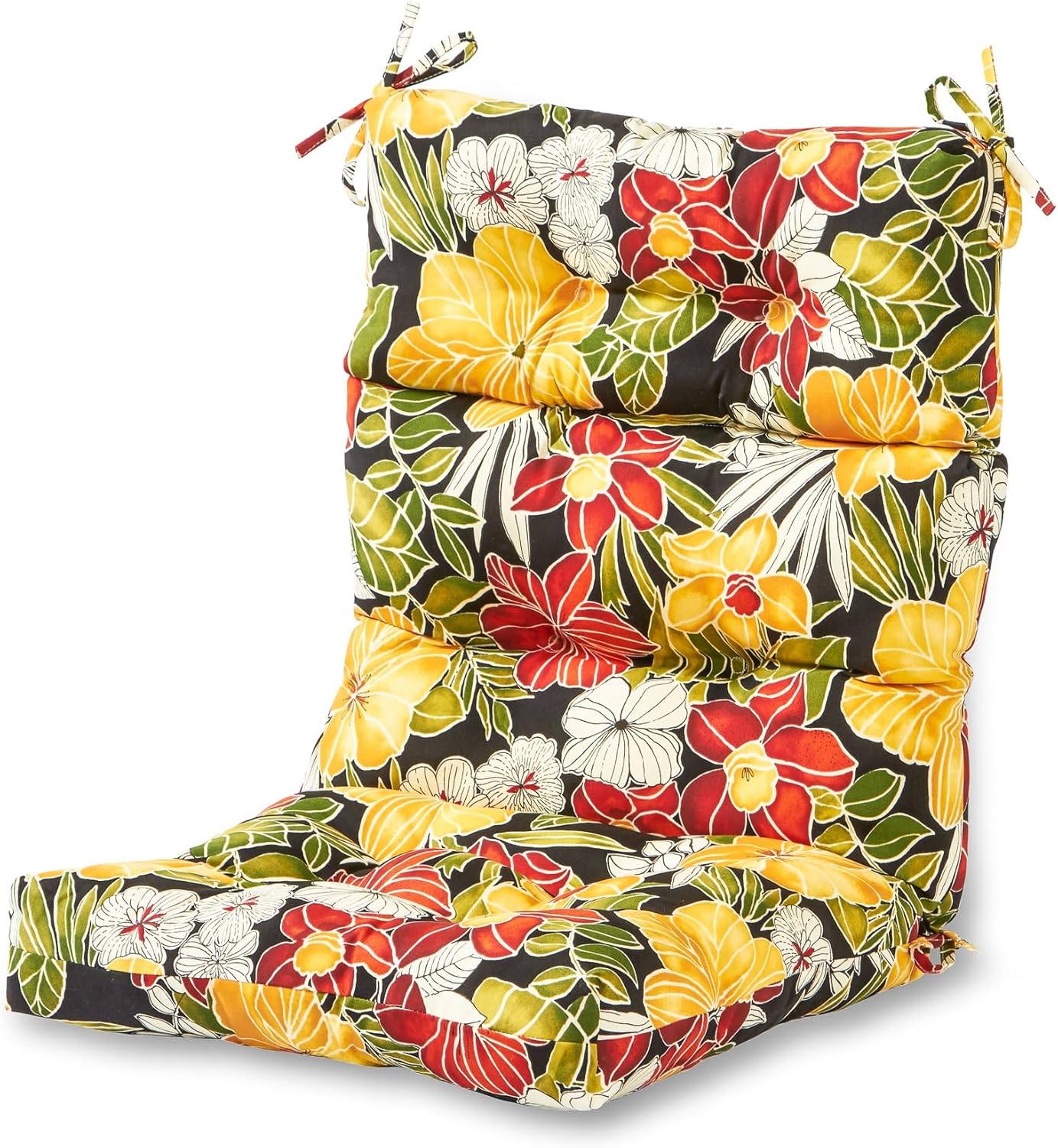 Outdoor Tufted High-Back Chair Cushions, One-Piece Hinged Seat and Back Design, Reversible with 4 Ties, Durable Polyester Fabric, Recycled Fiber Fill - Single, Aloha Black Floral