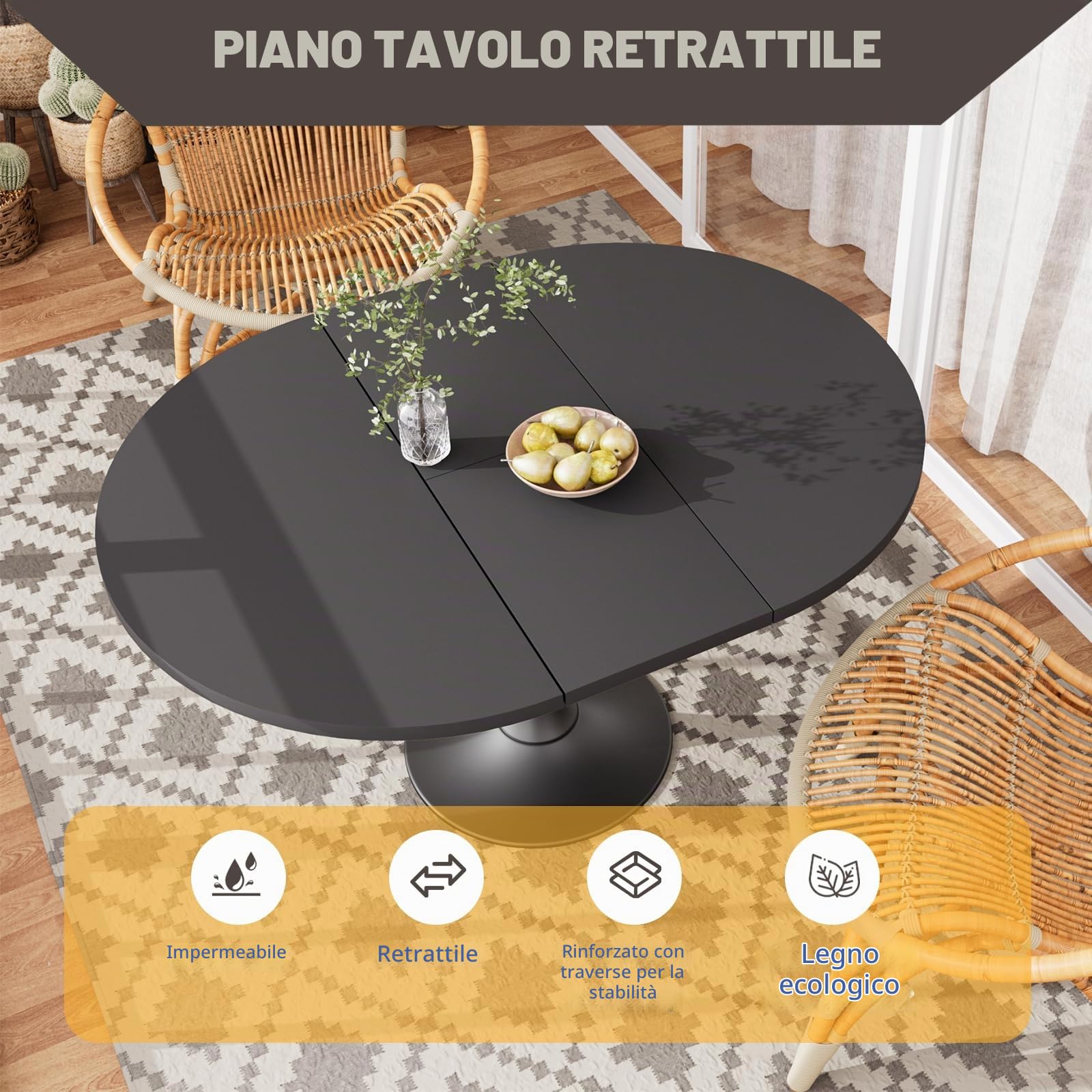 TWSOUL Tavolo da pranzo rotondo allungabile 100 – 130cm per 6 – 8 persone, tavolo da cucina con piano regolabile e base stabile a colonna, salvaspazio,superficie in legno di facile manutenzione (nero)