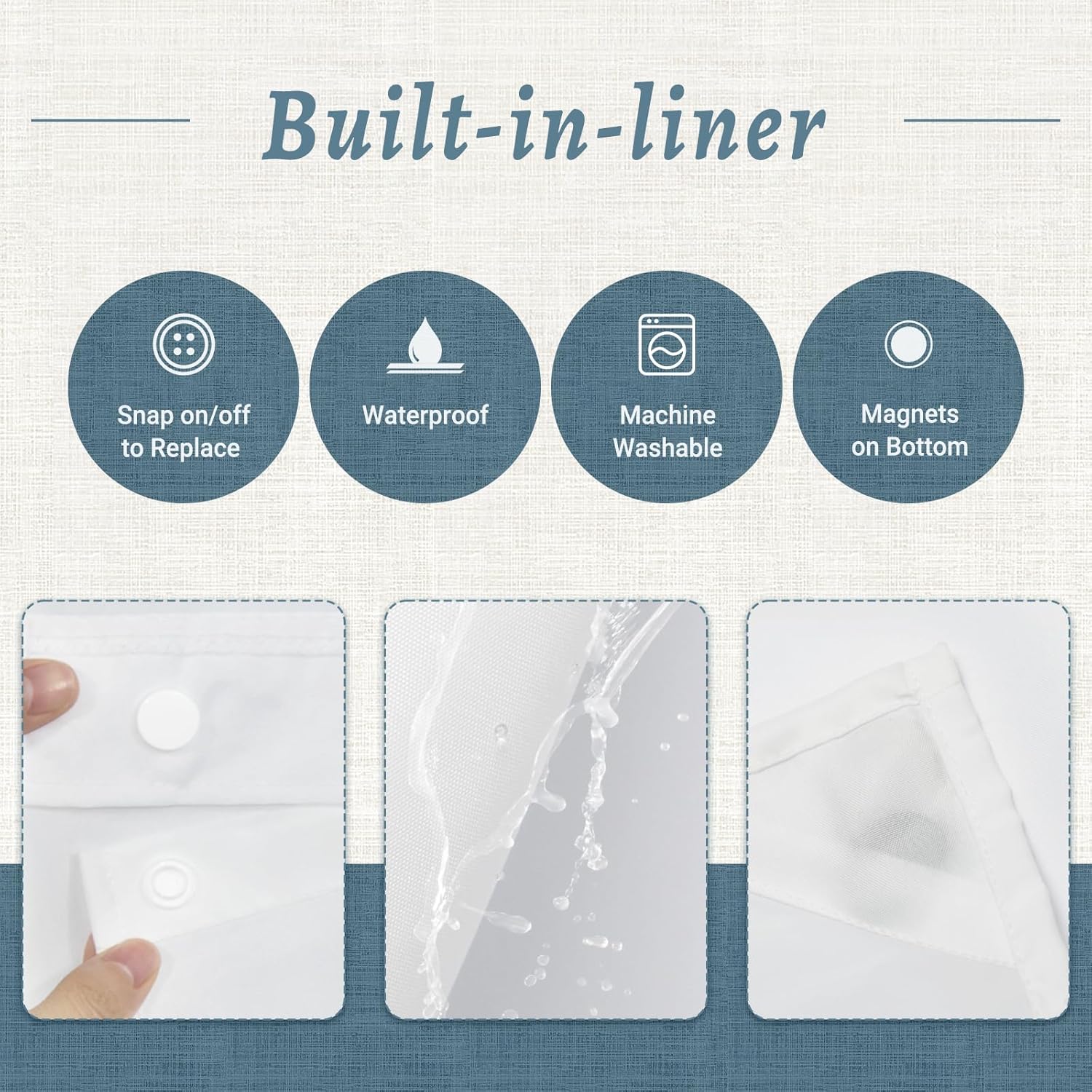 Extra Long No Hook Shower Curtain with Snap in Liner, Polyester Textured Shower Curtain with Liner Set, Waterproof Washable Hotel Style Shower Curtains for Bathroom, 71Wx86H, Blue Grey