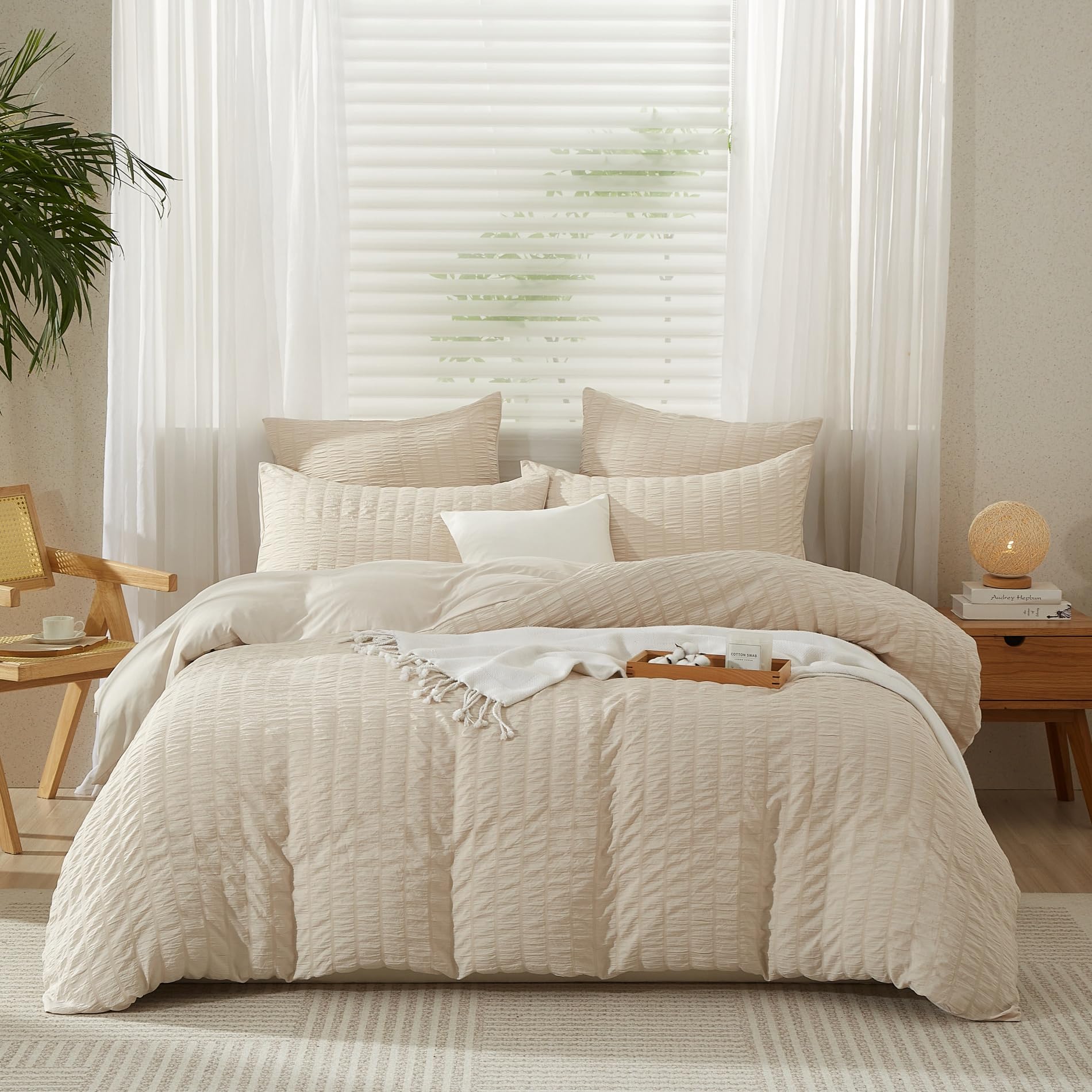 set di biancheria da letto in seersucker, 220 x 240 cm, beige a righe, stile moderno, 3 pezzi, in microfibra, morbido, traspirante, con copripiumino e 2 federe da 80 x 80 cm, con cerniera