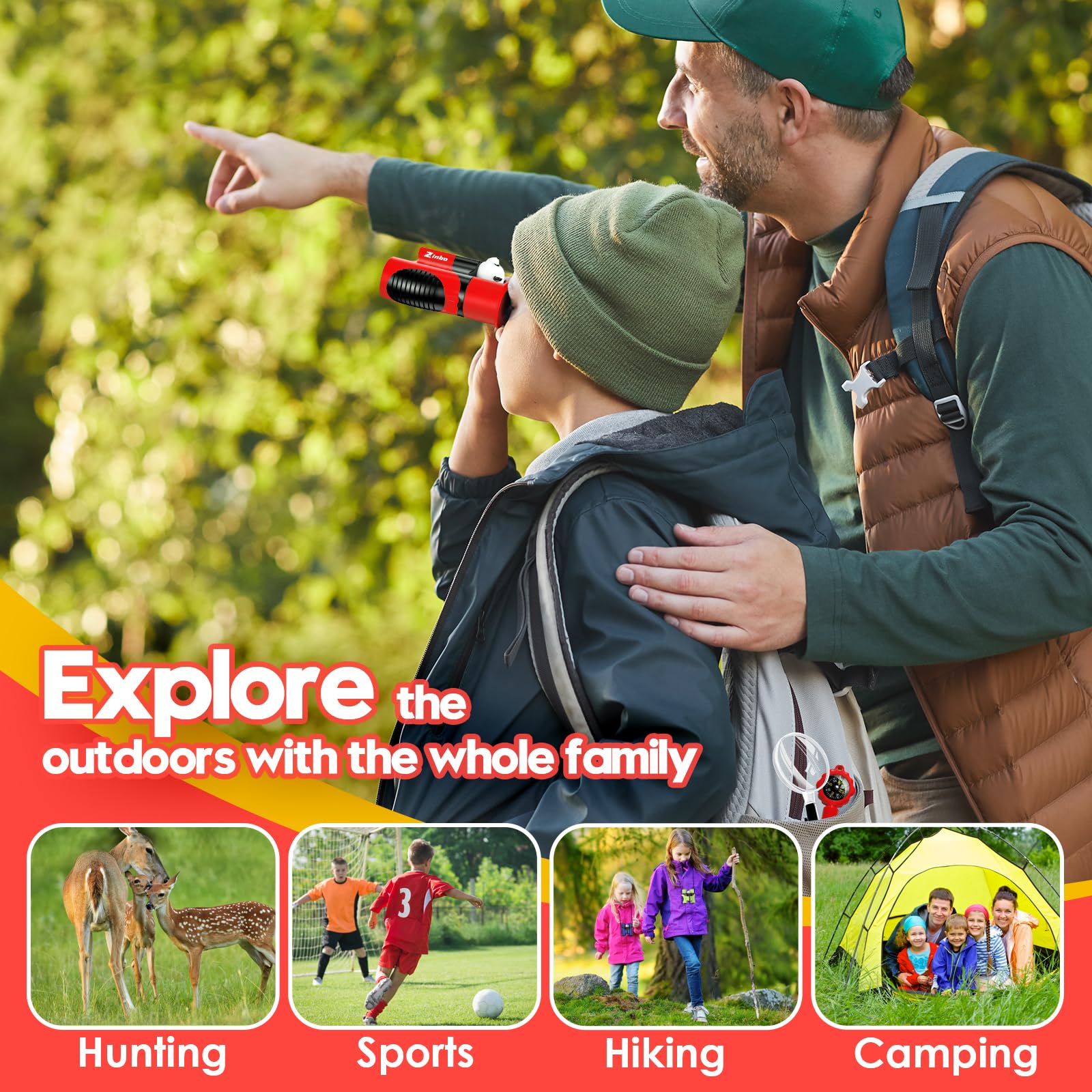 Binocolo Bambini 8x21 Ottica reale ad alta risoluzione, con lente d'ingrandimento e bussola fischietto, binocolo per bambini da 3 a 12 anni, ragazzi e ragazze, escursioni, viaggi (rosso)