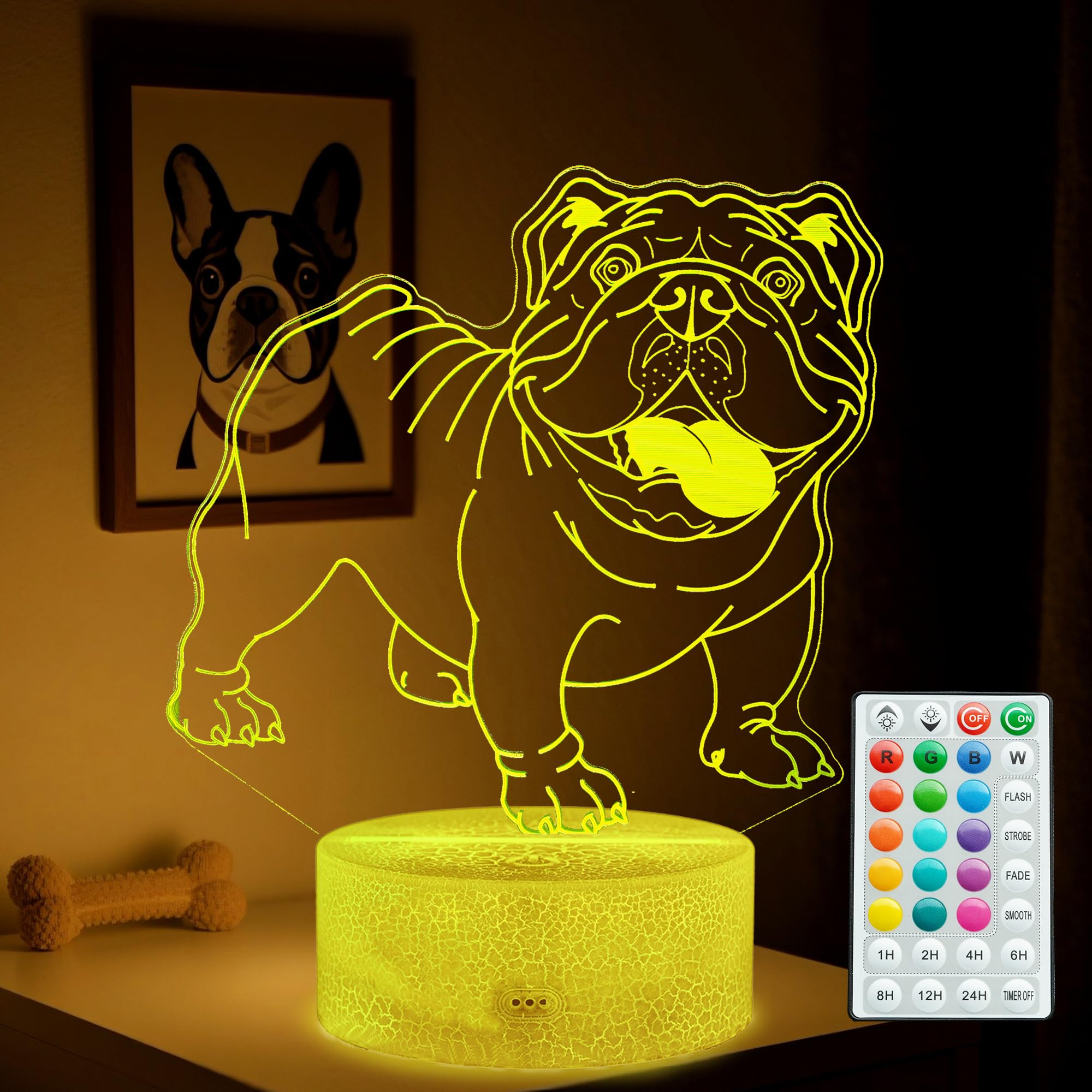 POSSHE Bulldog Night Light, 16 Colors Changing, Remote Control with Timer, RGB Flashing Mode and Dimmable, Dog Lamp for Christmas Birthday Decor
