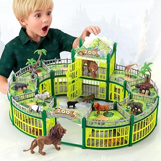 Complete 248PCS Animal Playground Set with 14 Realistic Wild Animals – Build Your Own Animal Park, Interactive Playset with Openable Fences & Battle Station, for Boys Girls Kids Toddlers 3-8