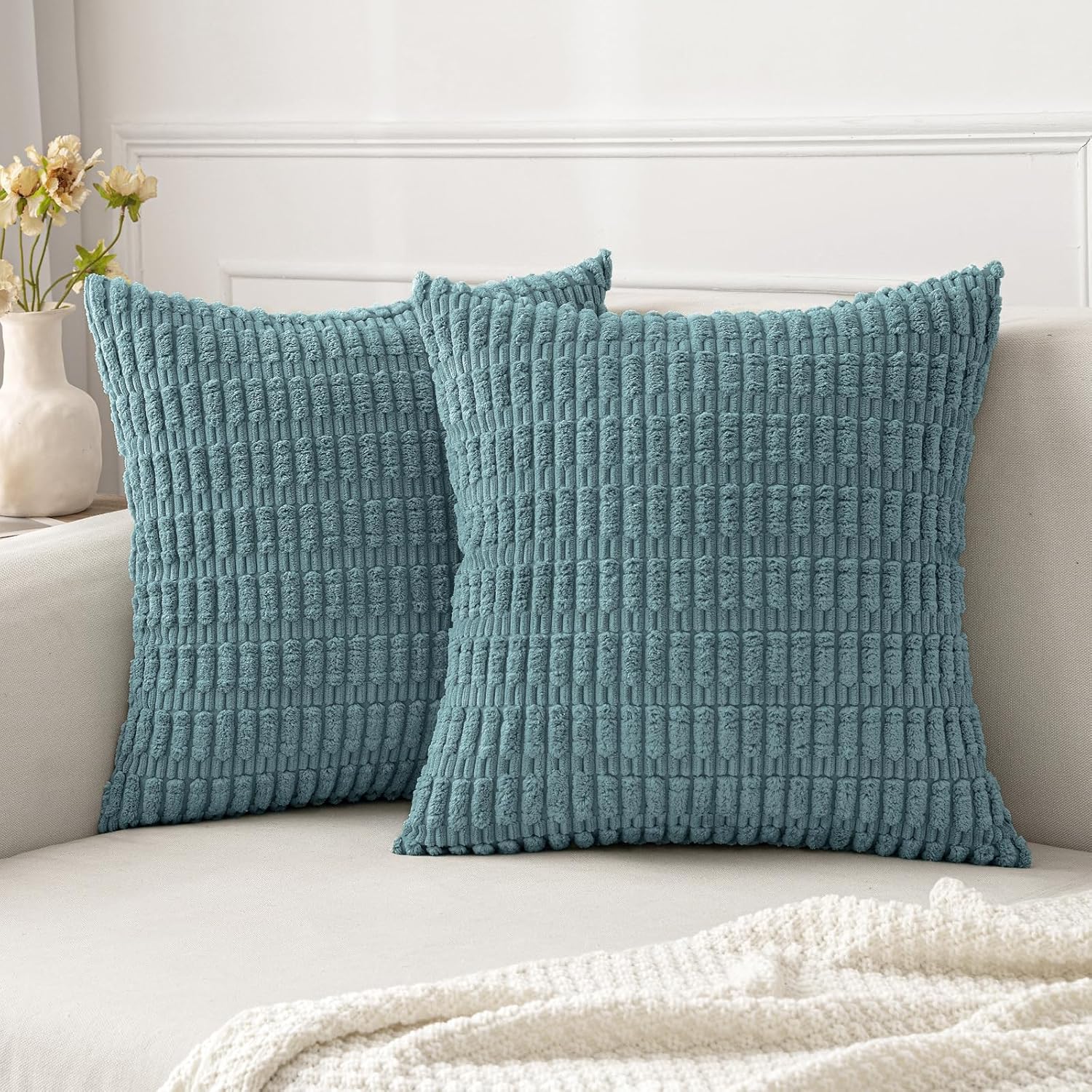 MIULEE Pack of 2 Corduroy Decorative Throw Pillow Covers 18x18 Inch Soft Boho Striped Pillow Covers Spring Modern Farmhouse Home Decor for Sofa Living Room Couch Bed Blue Gray 18" x 18" (Pack of 2) Blue Gray