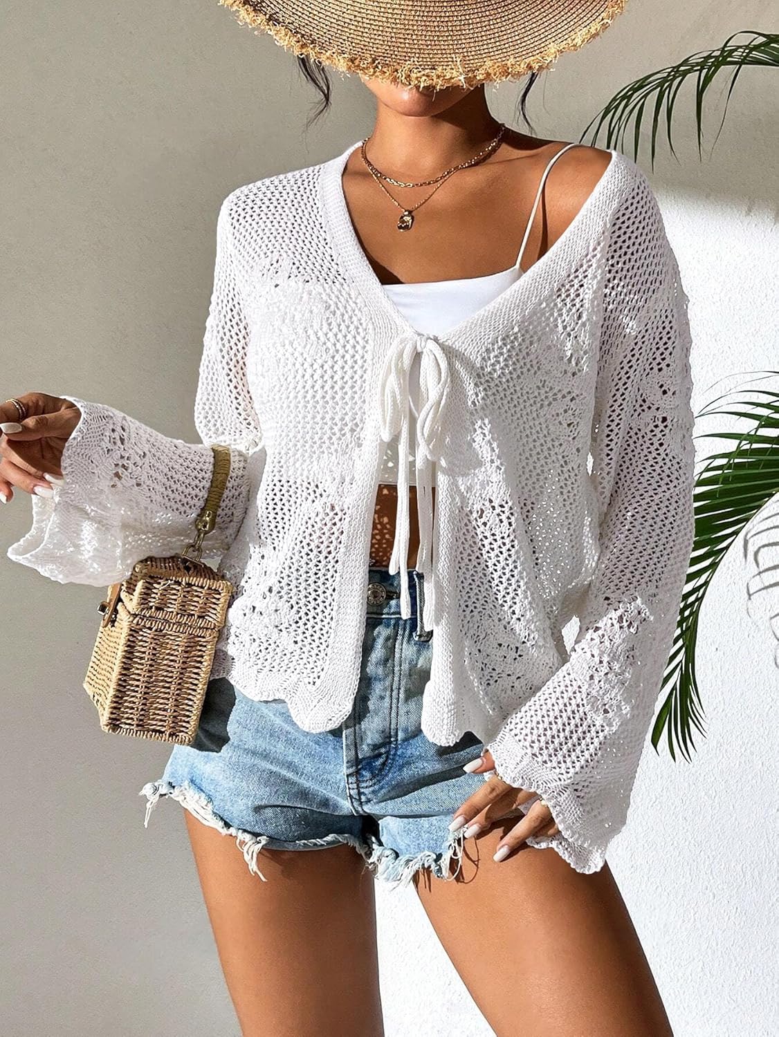 Womens Tie Front Lightweight Crochet Cardigan Shrugs Knit Cardigan Crop Tops Cover Up - Image 4