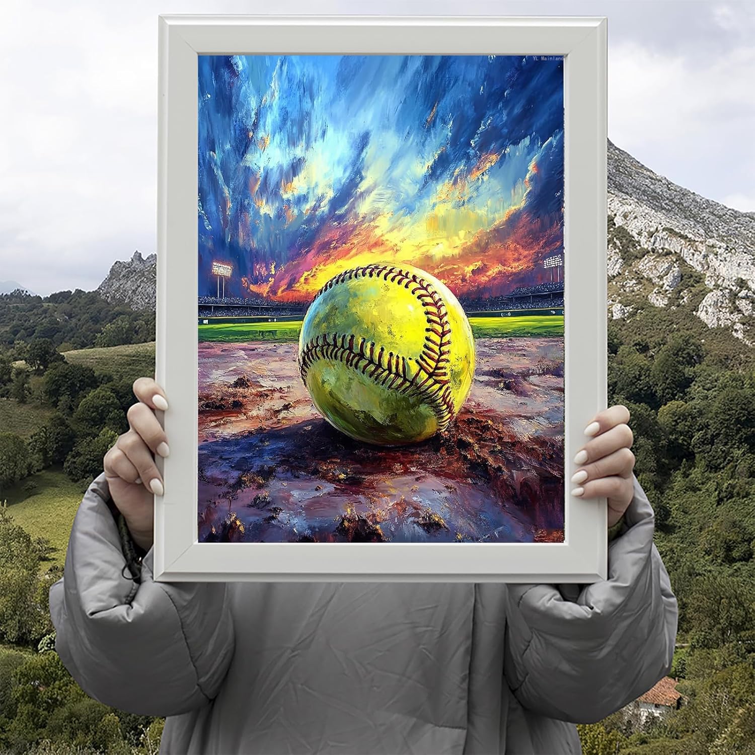 YL Mainland 5D Softball Diamond Art Full Drill Diamond Painting Kits for Adults Beginners DIY Art Crafts for Relaxation and Home Wall Decor 12x16 Inch