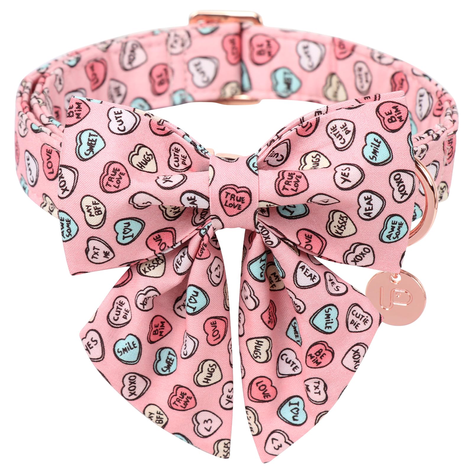 UP URARA PUP Valentine’s Dog Collar with Bow Tie, Pink Heart Bowtie Collar with Metal Buckle, Valentine’s Gift Pet Collar for Puppy Girl Boy Dog or