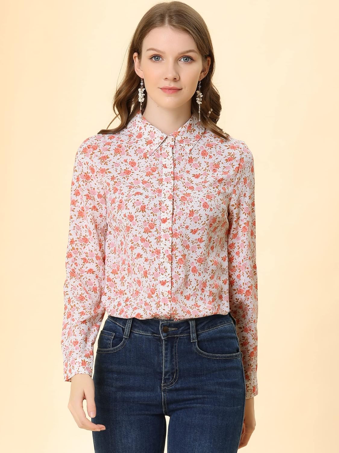 Allegra K Women's Button Down Shirt Work Office Tops Long Sleeve Point Collar Floral Blouse - Image 3