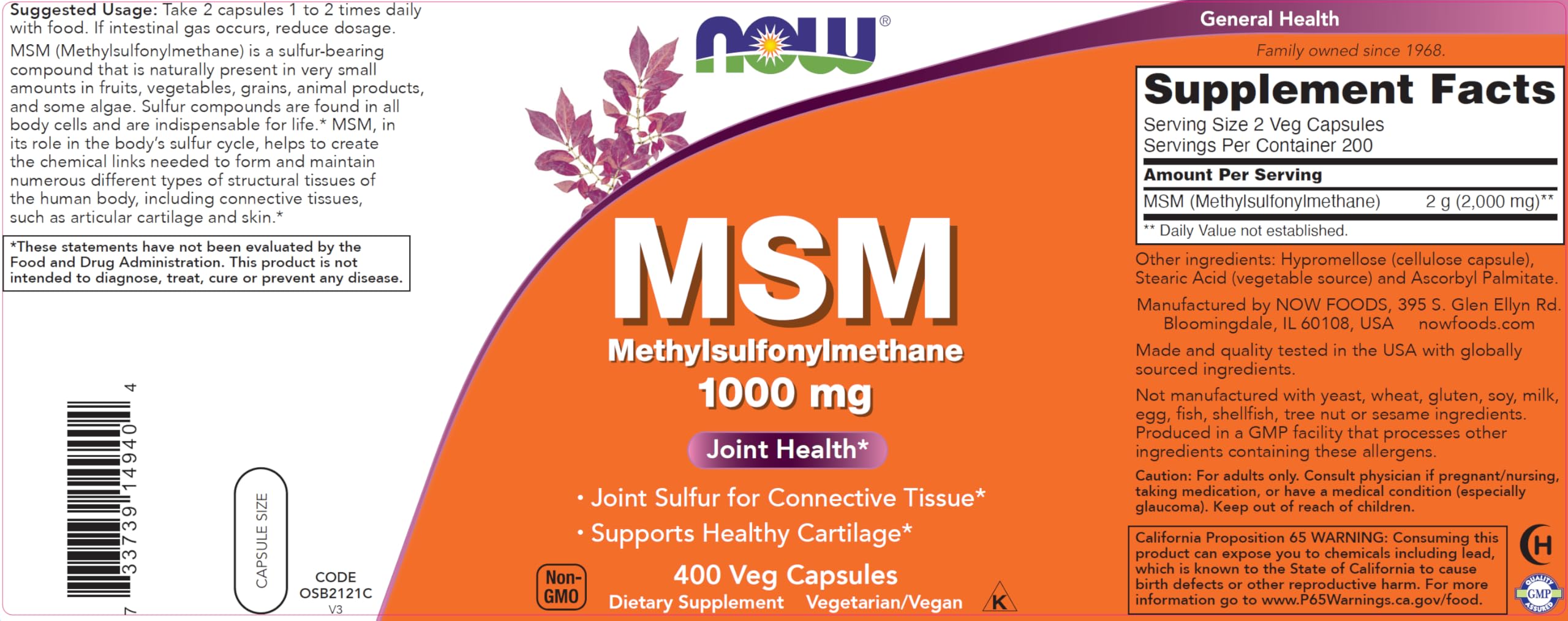 Now MSM 1000mg Veg Capsules, 400 Count Methyl-Sulphonyl-Methane, Made in USA, Sulfur Supplement, Non-GMO, Vegan Vegetarian Friendly — Amazon image 4