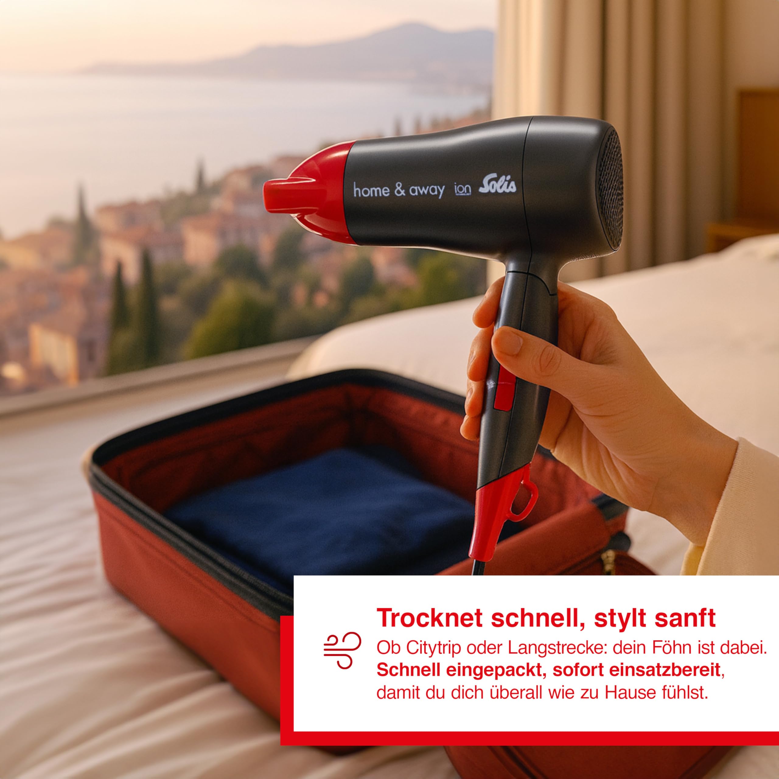 Solis Home & Away 3791 - Föhn - Reise-Haartrockner - Ionen-Technologie -Inklusive Ondulierdüse - 1800 W - Anthrazit/Rot