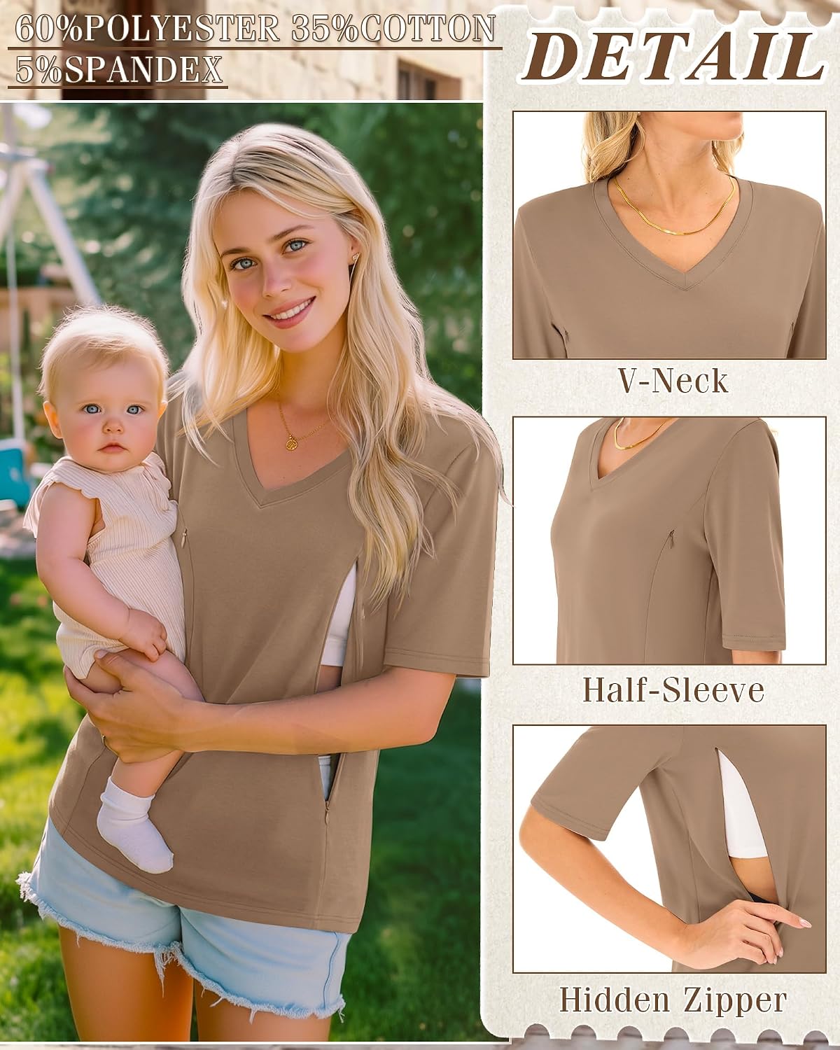 Neer 3 Pack Women's Nursing Shirts for Breastfeeding with Hidden Zippers V Neck Half Sleeves Postpartum Tee Maternity Tops