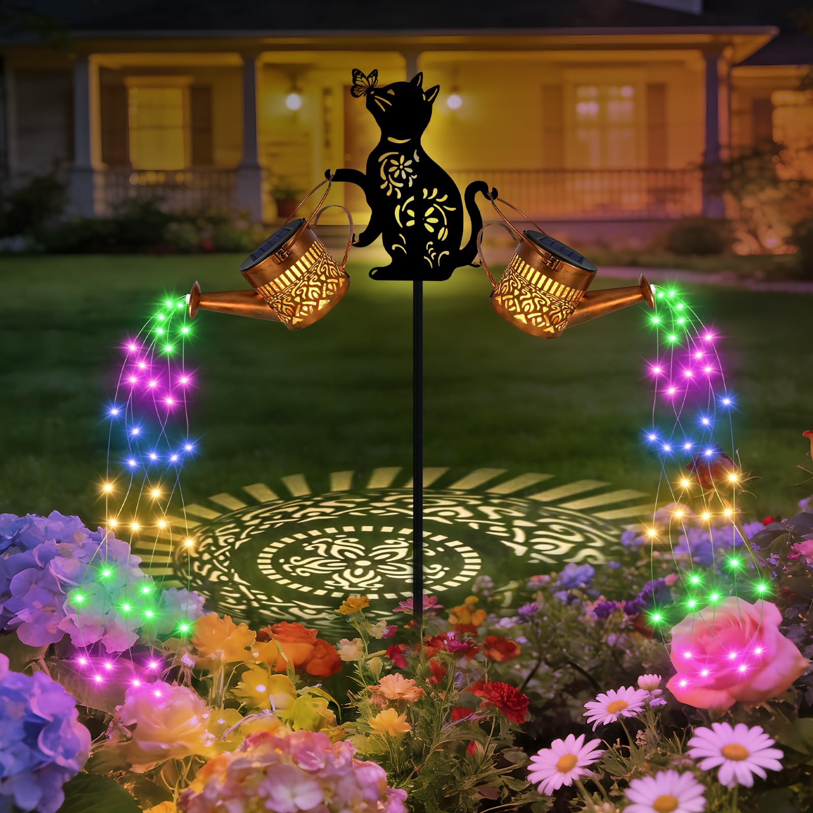 Solar Watering Can with Cascading Lights,2 Pack Mandala Garden Lights