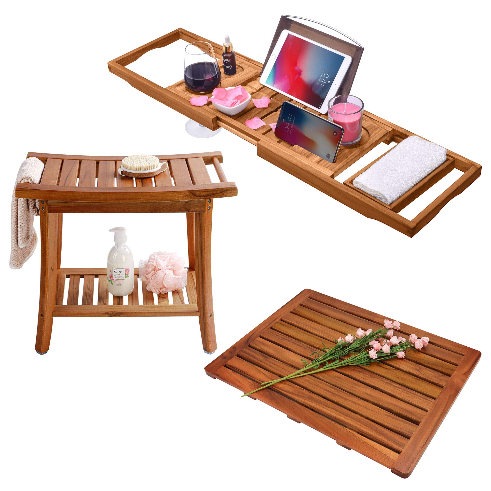 Buy Utoplike Non Slip Teak Wood Bath Shower Mat, Teak Bathtub Caddy