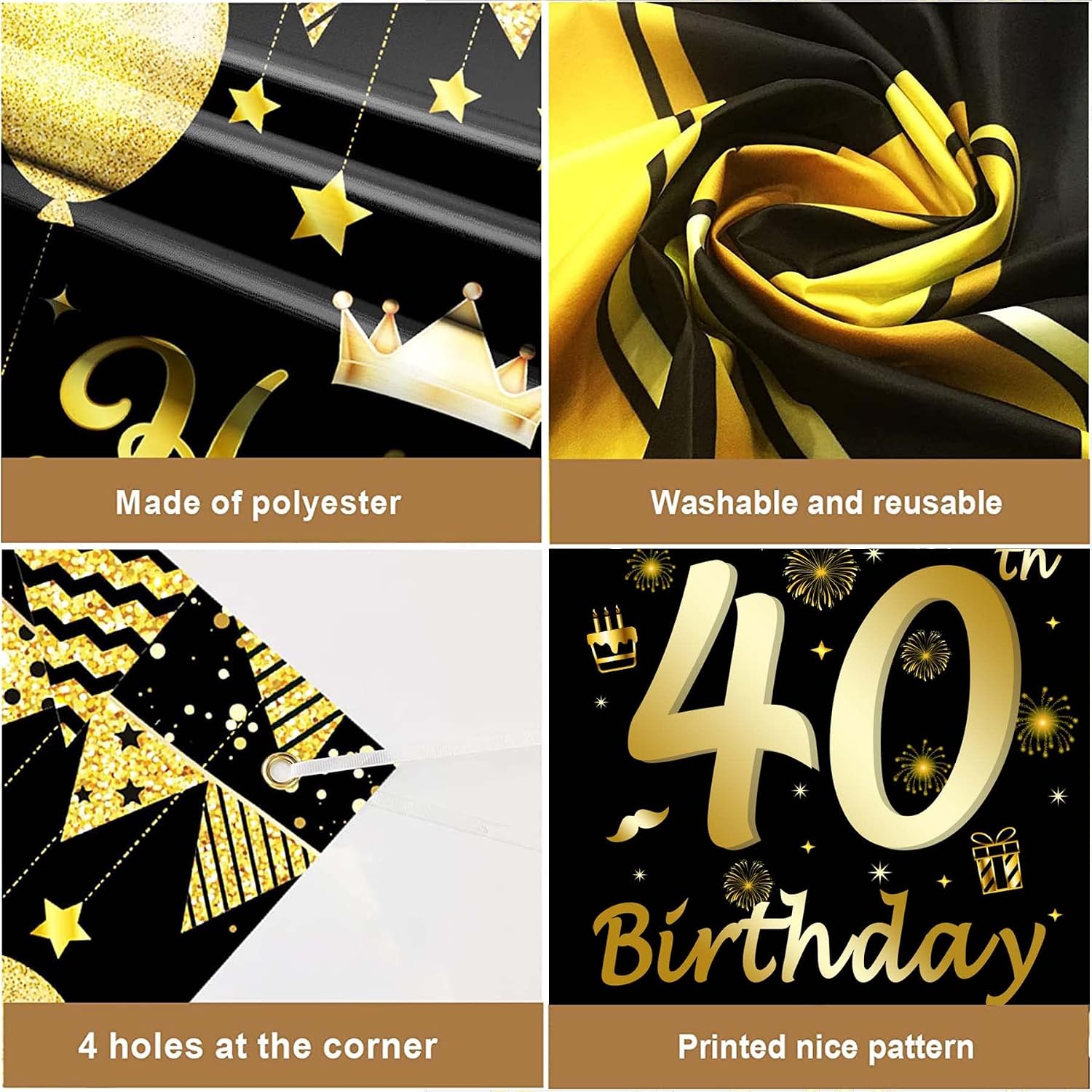BOFYTR 40th Birthday Banner, 40th Birthday Party Decorations Backdrop, Black Gold 40th Birthday Party Decoration Sign Poster - Image 4