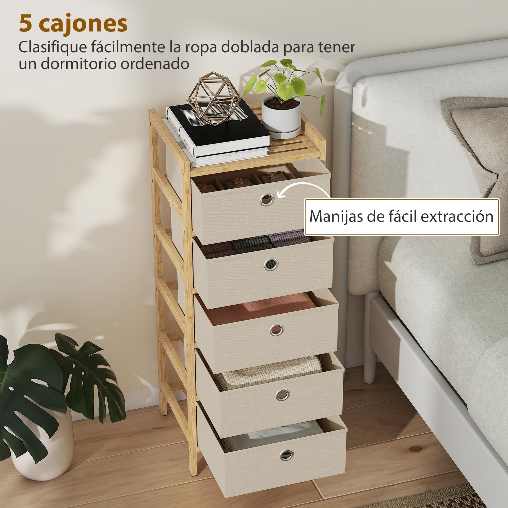 HOMCOM Cómoda con 5 Cajones de Tela, Cómoda para Dormitorio de Bambú, Cajonera para Espacios Pequeños, Salón, Oficina, Vestidor, Crema y Natural