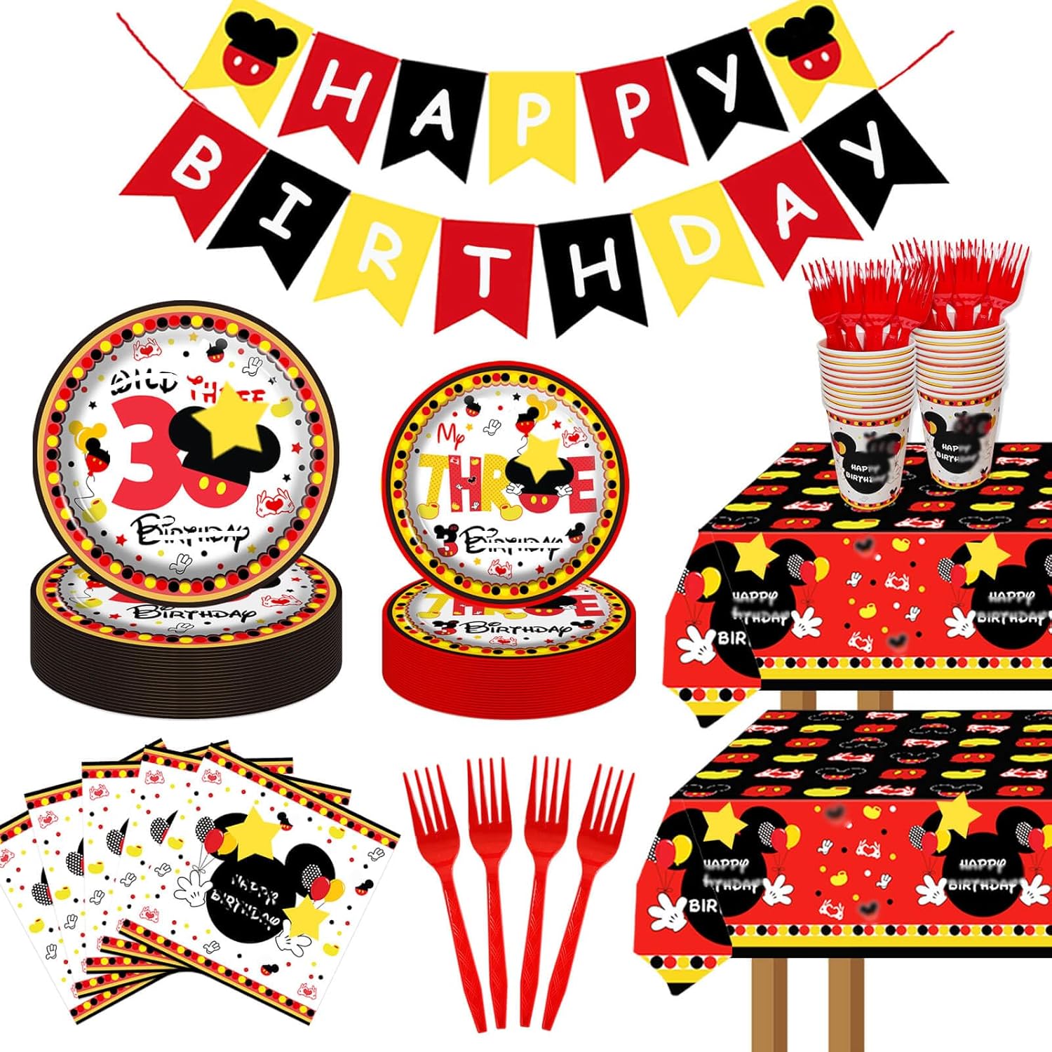 117 Pcs Red Cartoon 3rd Party Decorations - Young Wild and Three Plates Napkins Cups Tablecloths for Boy 3rd Birthday Party Supplies Decorations - 20 Guests