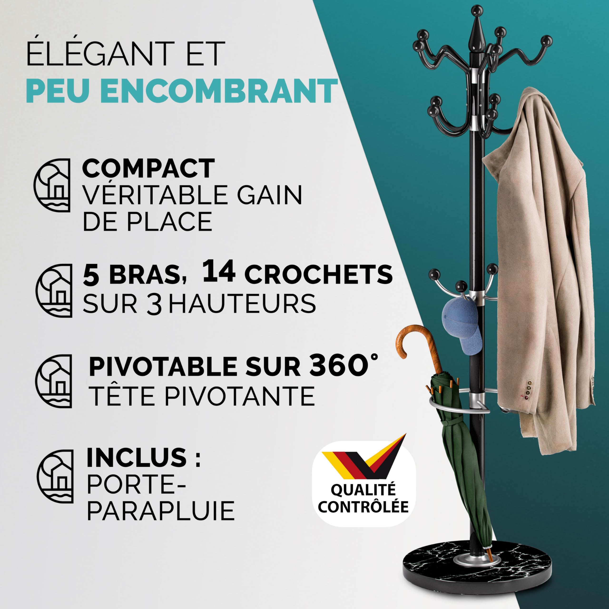 Casaria® Porte-manteau avec socle Noir en marbre 14 crochets 37x37x175cm portemanteau sur pieds stable tête pivotante