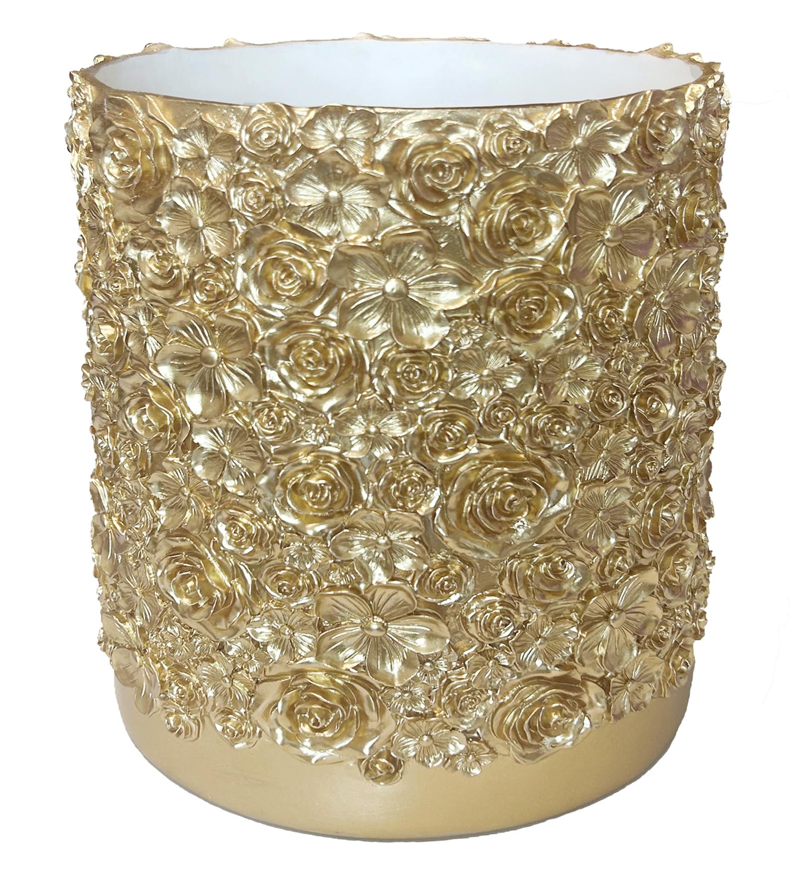 Decorative Glod Trash Can Elegant Resin Carved Waste Basket 8x10 Trash Bin Decor Rose Floral Garbage Can for