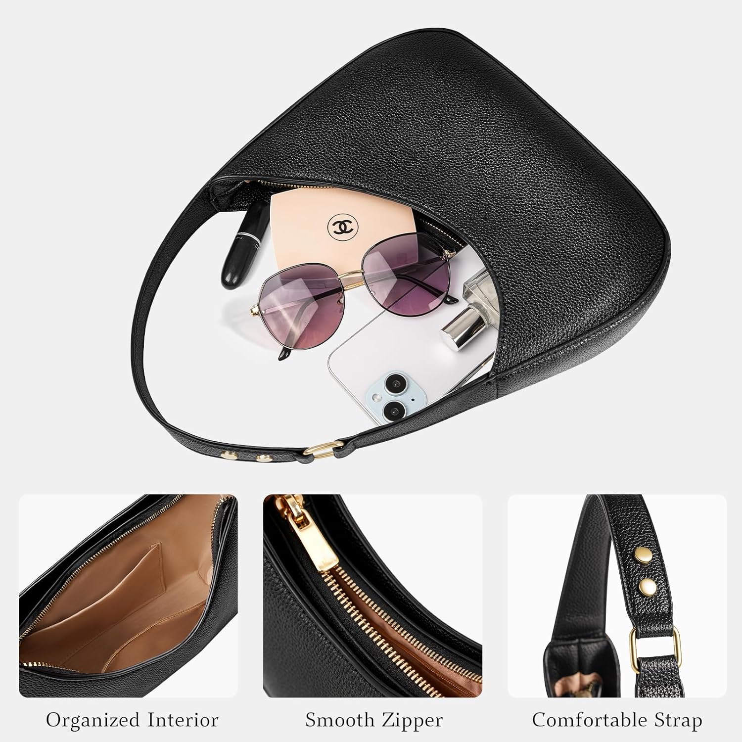Shoulder Bag for Women, Small Black Purse PU Leather Handbag, Trendy Crescent Clutch with Zipper, Evening Going Out Bag - Image 6